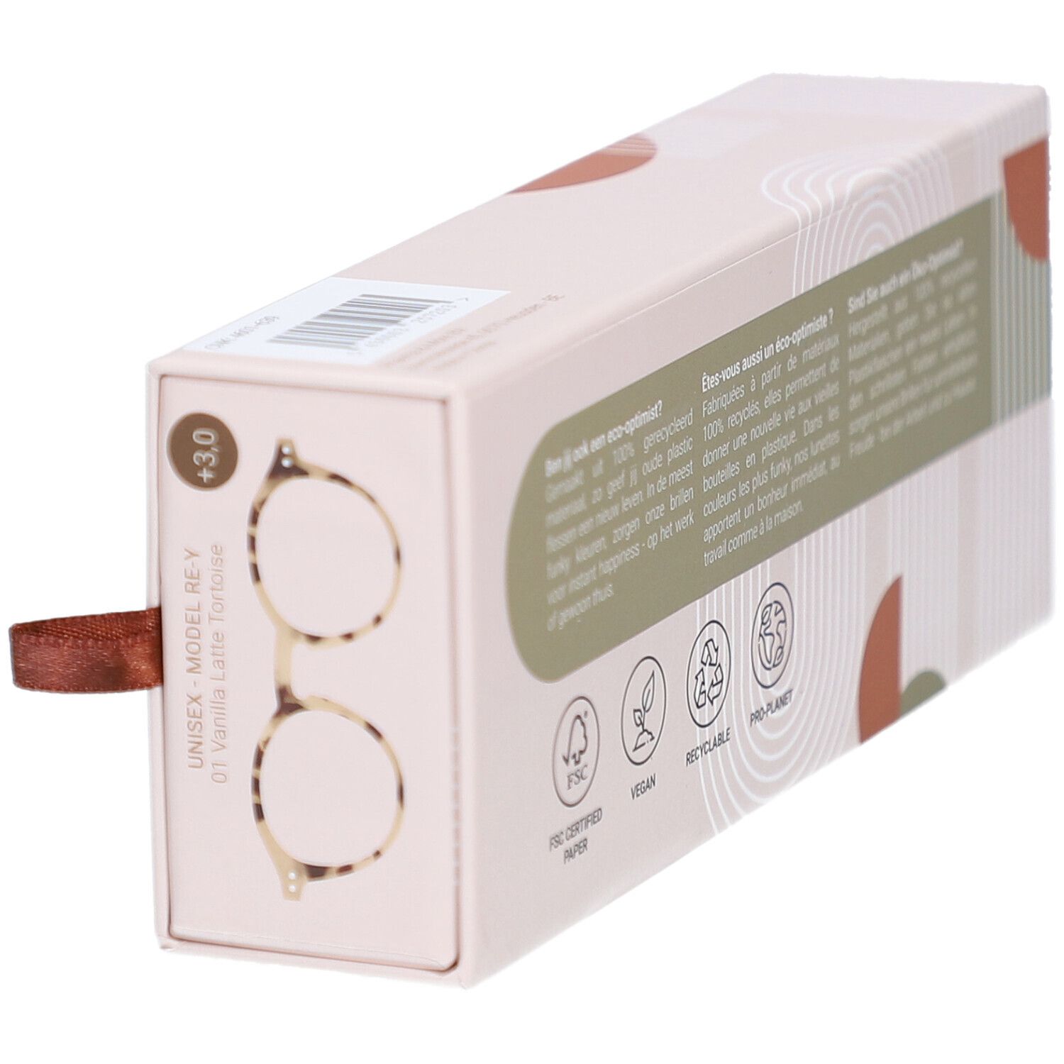 Brillenetui mit Brille. Aufdruck: renéel. Brille mit runden Gläsern, Tortoise-Muster. +3.0. Brauner Zugriemen.