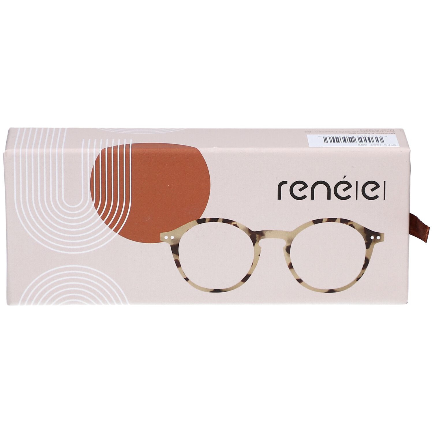 Brillenetui mit Brille. Aufdruck: renéel. Brille mit runden Gläsern, Tortoise-Muster. Brauner Zugriemen. Beige und braune Verpackung.