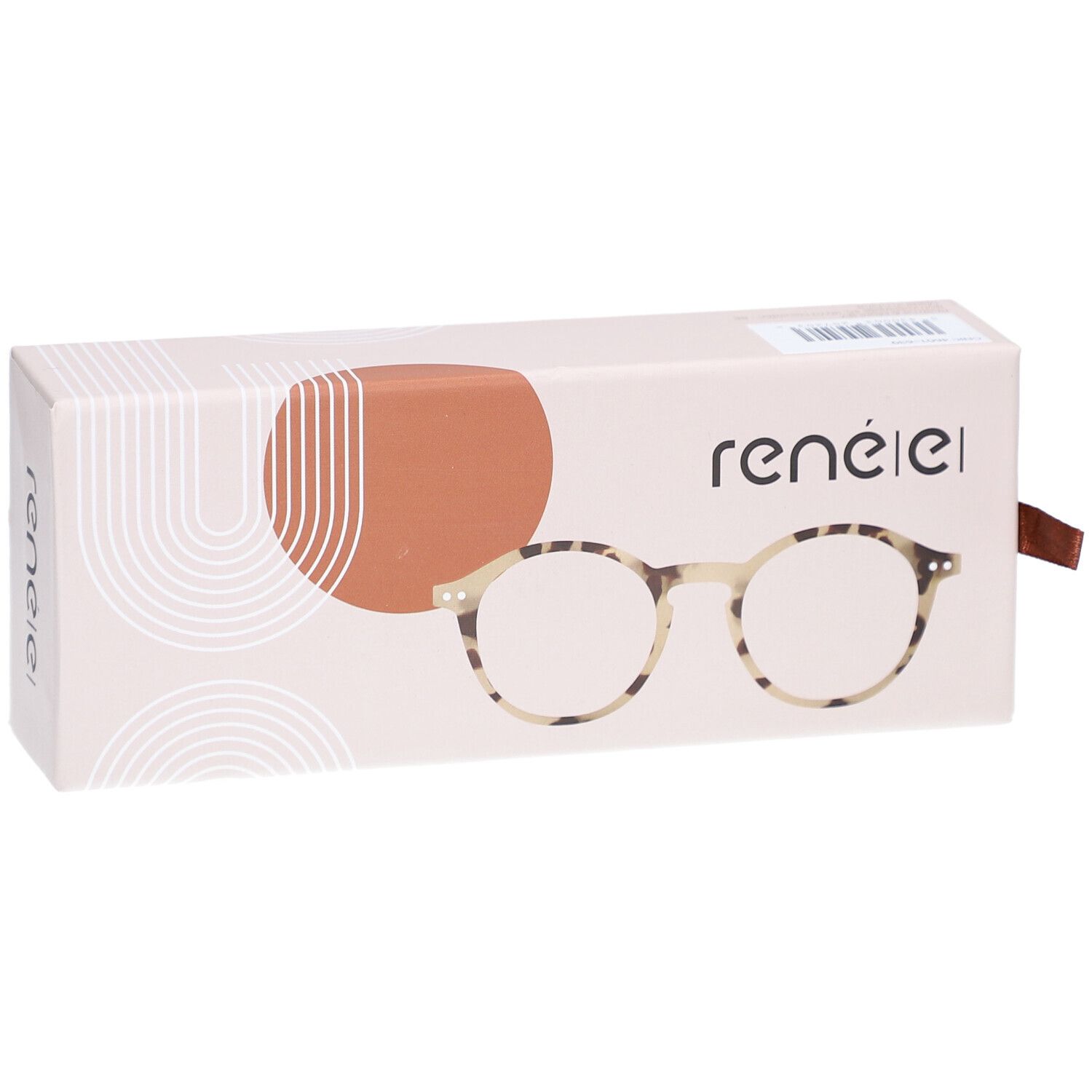 Brillenetui mit Brille. Aufdruck: renéel. Brille mit runden Gläsern, Tortoise-Muster. Brauner Zugriemen. Beige und braune Verpackung.