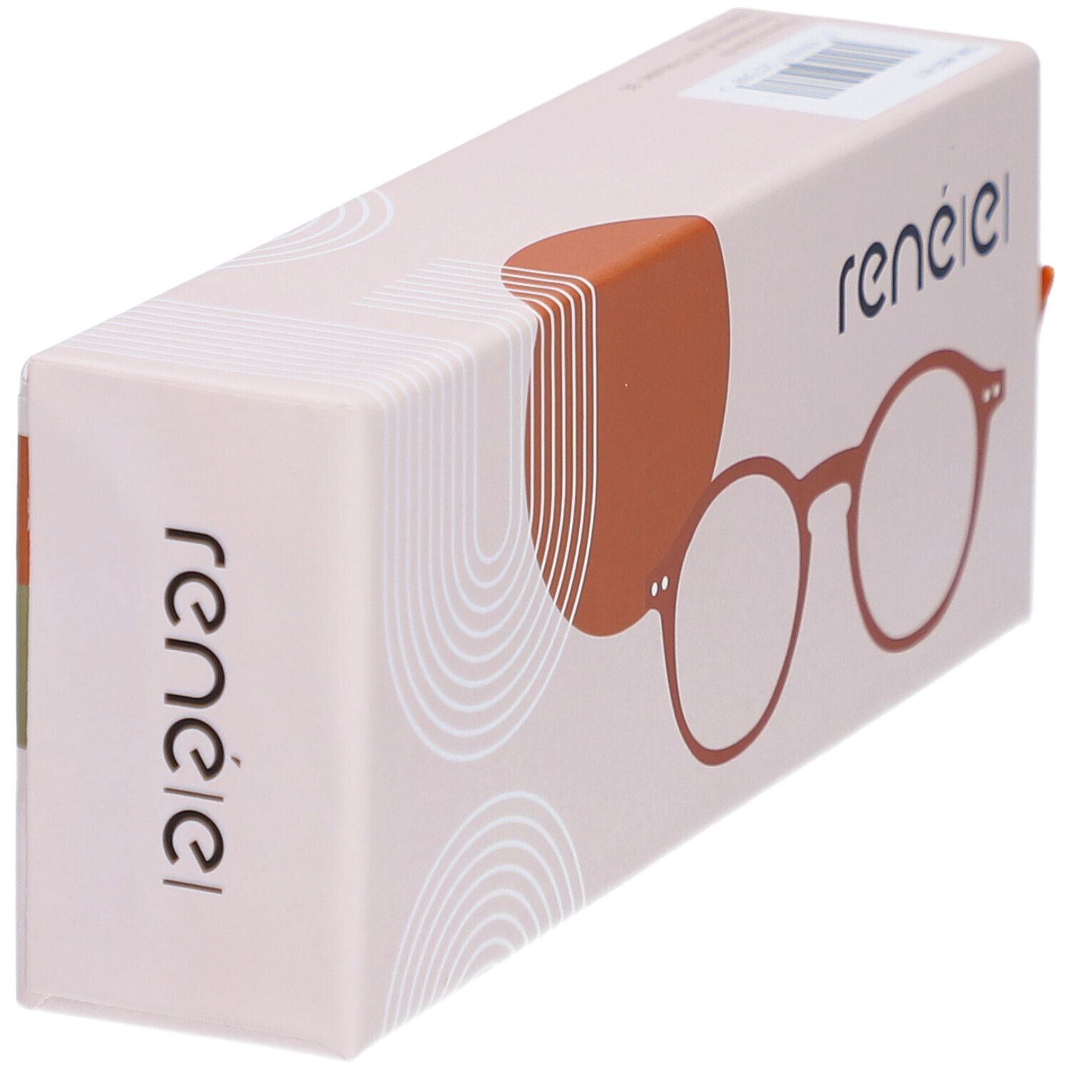 Brillenetui, Marke renÉ(e)®. Illustration einer Brille. Farbe: Italian Summer Terracotta. Aufdruck.