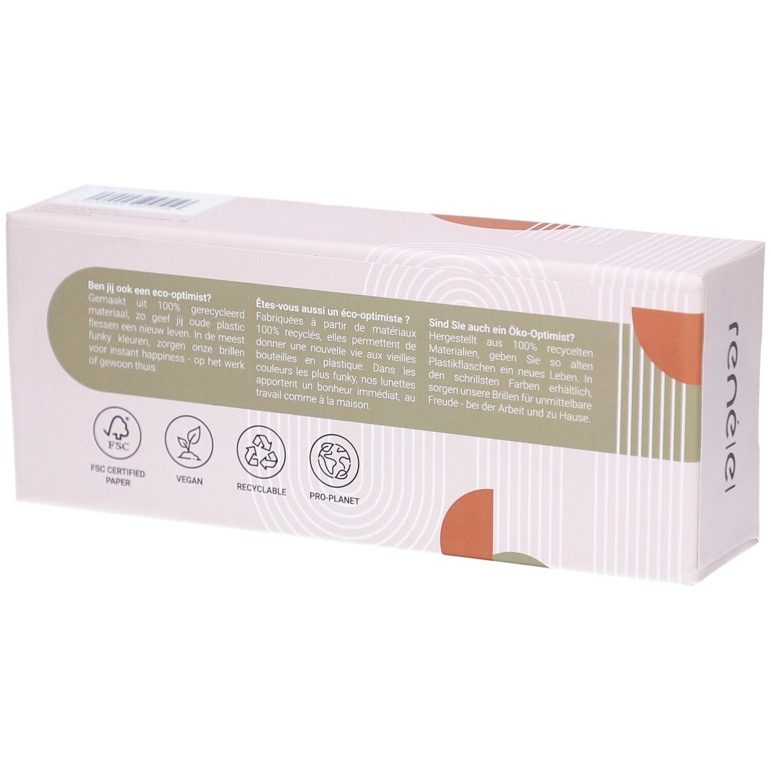 Rückseite des Brillenetuis. Text in Deutsch, Französisch und Englisch. FSC-zertifiziertes Papier, vegan, recycelbar, Pro Planet.