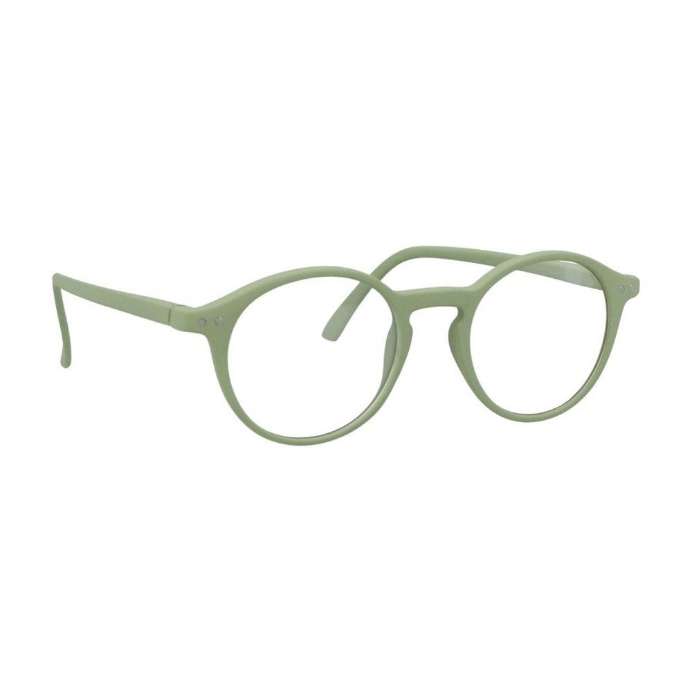 Lunettes vertes à verres ronds. Posées à côté de l'étui. Étui avec marque : renéeel. Boucle verdâtre.