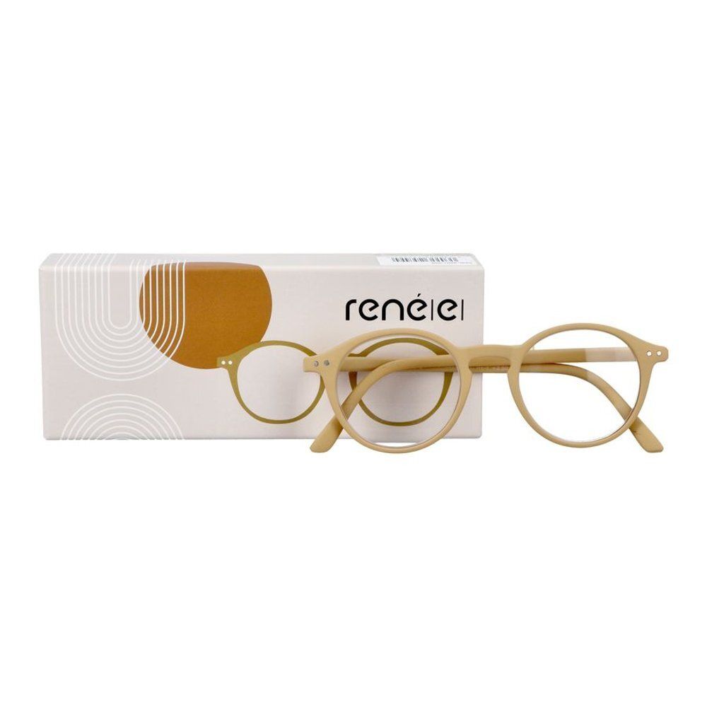Beige Lesebrille mit rundem Rahmen und passender Verpackung.