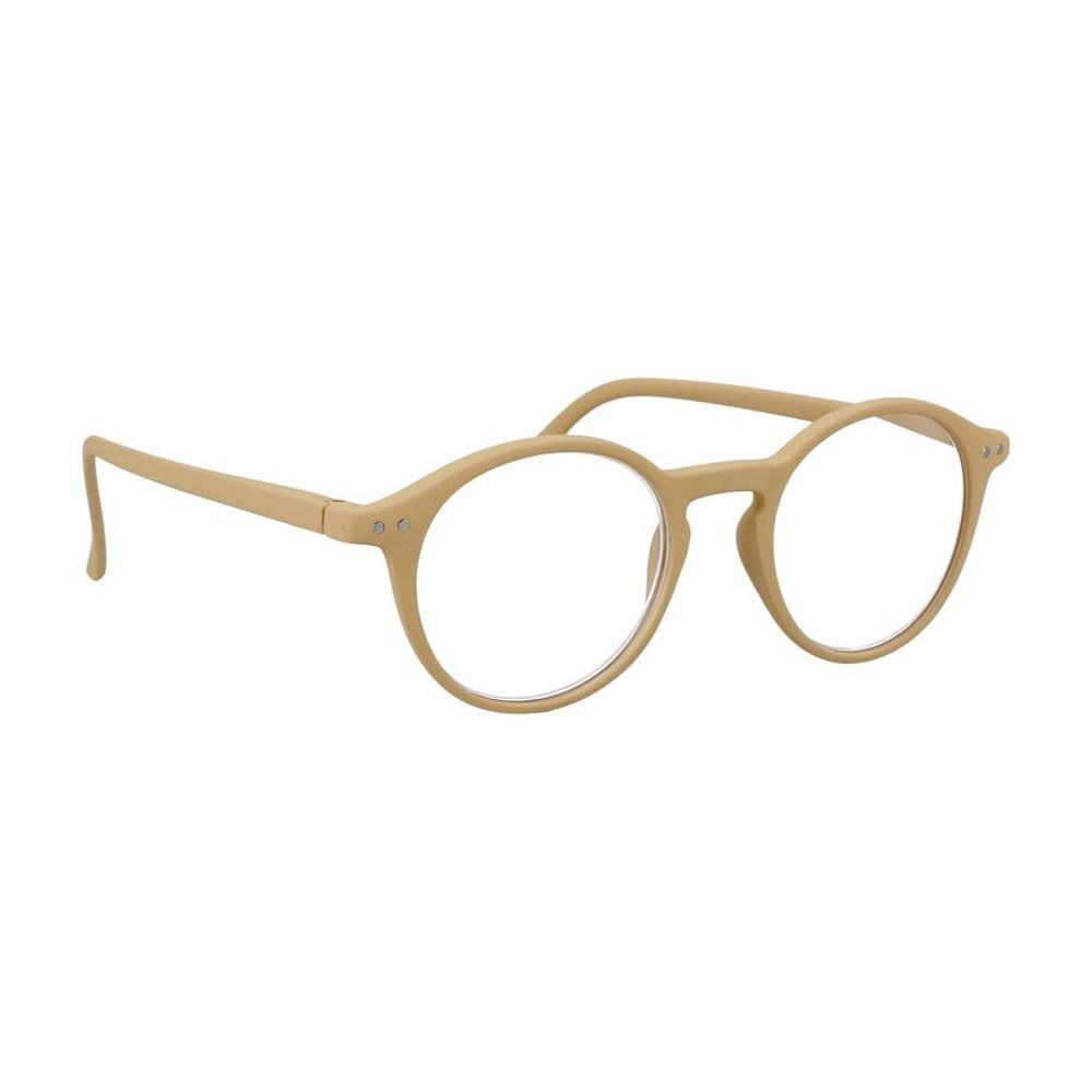 Beige Lesebrille mit rundem Rahmen.
