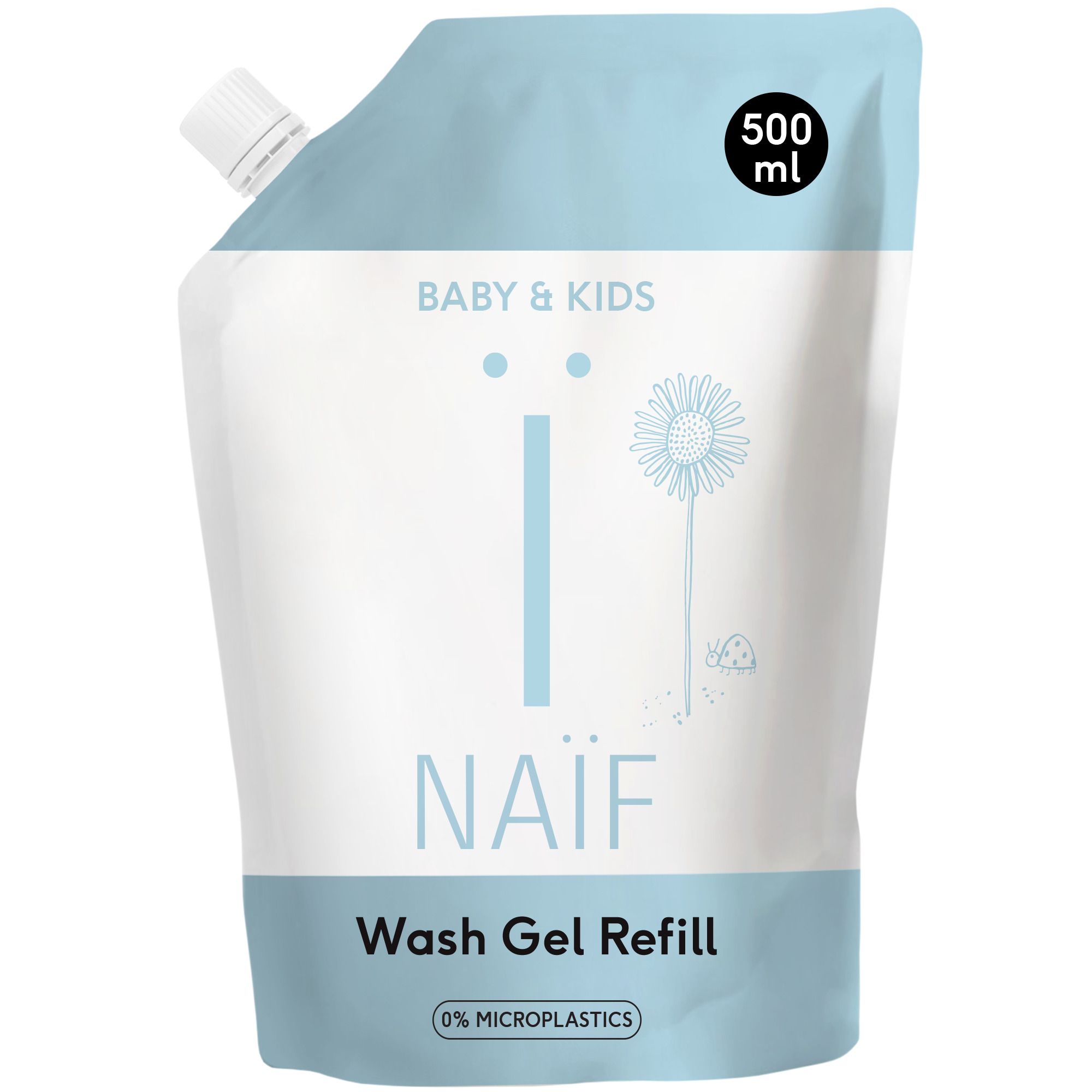 Recharge de gel lavant pour bébés et enfants. Emballage bleu clair et blanc avec bec verseur. 500 ml.