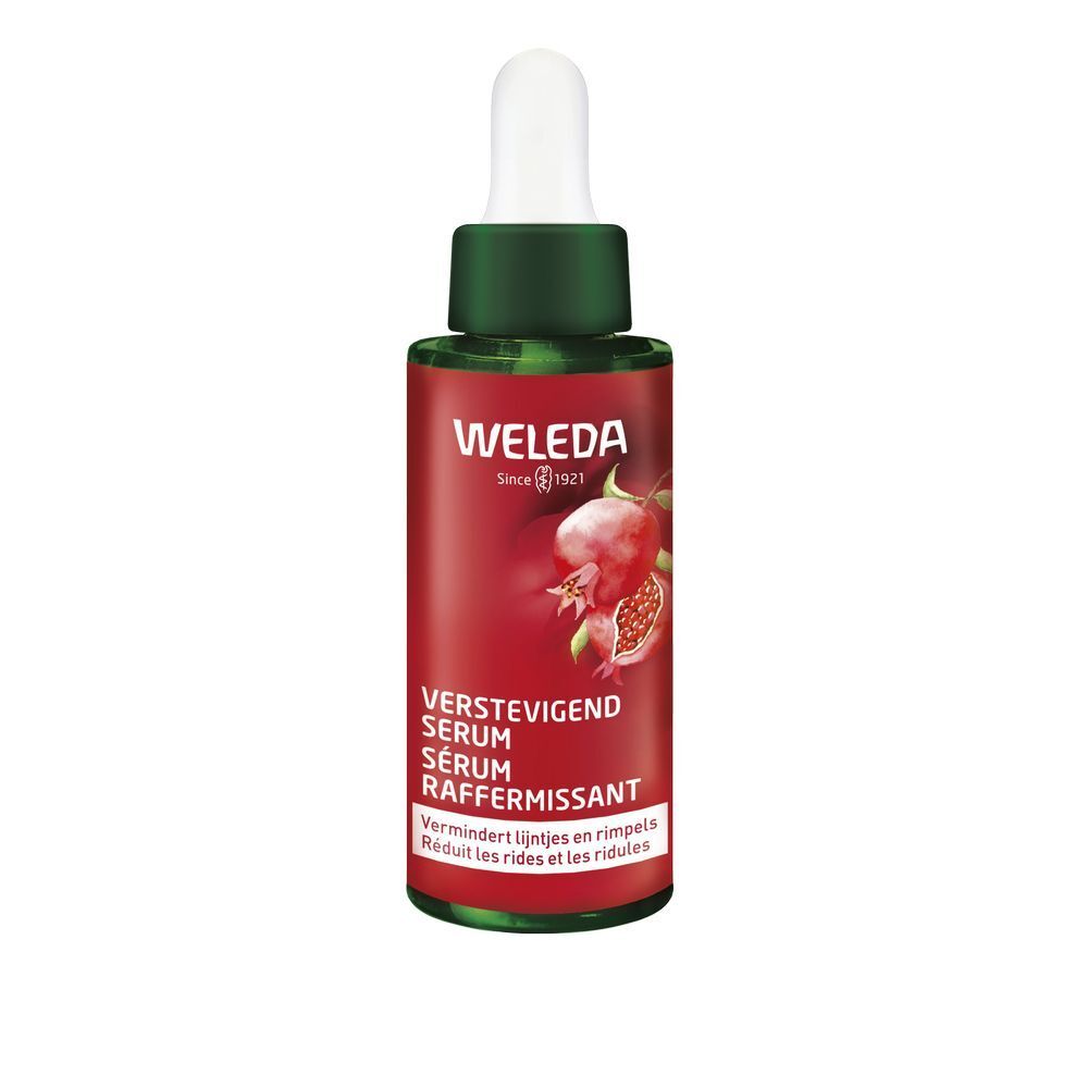 Flacon en verre rouge avec pipette. Inscription: WELEDA, SERUM RAFFERMISSANT. Illustration de grenade.