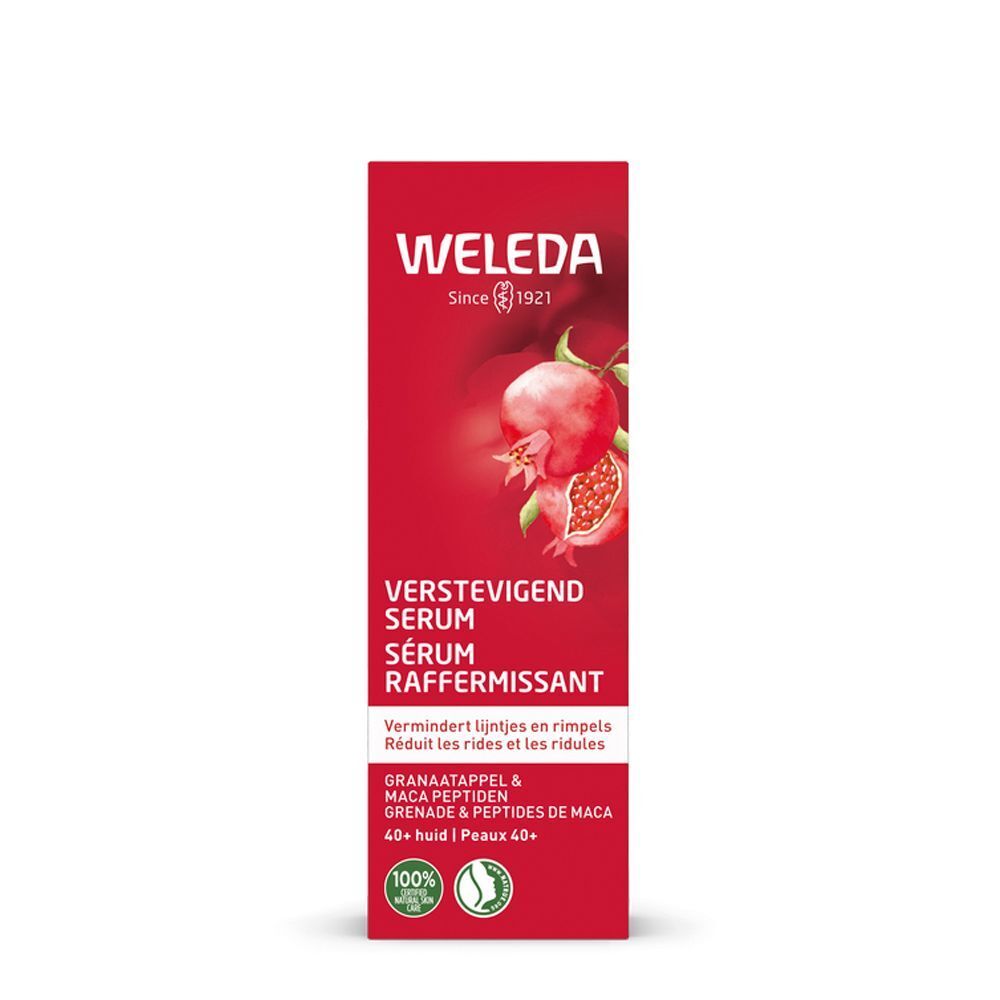 Emballage rouge avec nom du produit et illustration de grenade. Inscription: WELEDA, SERUM RAFFERMISSANT. Avec certifications.