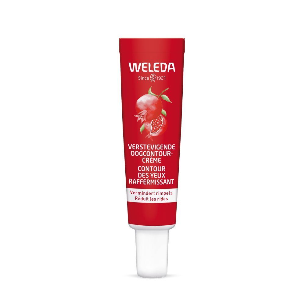 Rote Tube mit weißem Verschluss. Text: Weleda, Granatapfel-Produkt, Augencreme. Reduziert Falten.