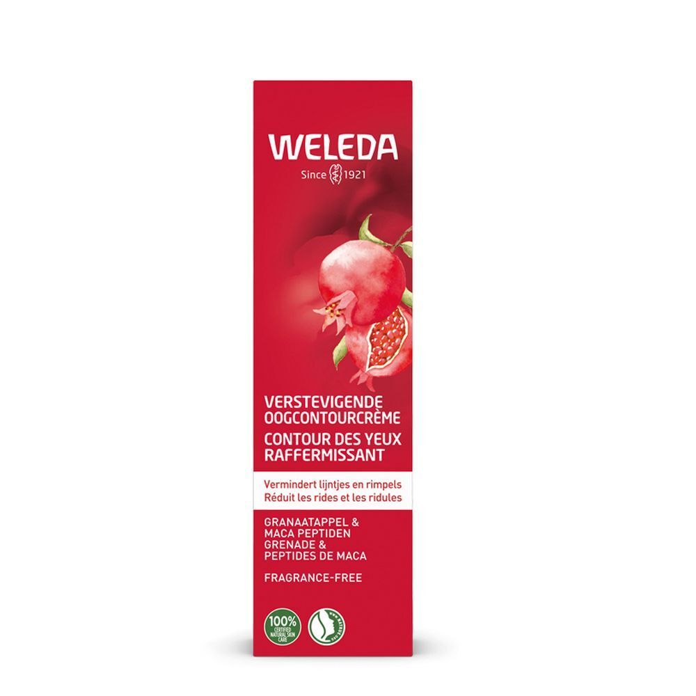 Rote Verpackung mit Granatapfel-Abbildung. Text: Weleda, Augencreme. Reduziert Falten. Mit Bio-Siegel.