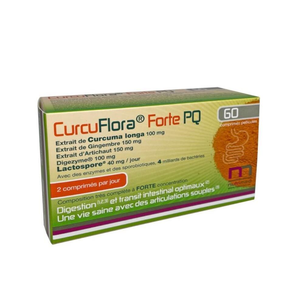Boîte NUTRIMED CurcuFlora® Forte PQ. Avant avec ingrédients. Contient 60 comprimés. Ingrédients: Curcuma longa, Gingembre, Artichaut, Digezyme, Lactospore.