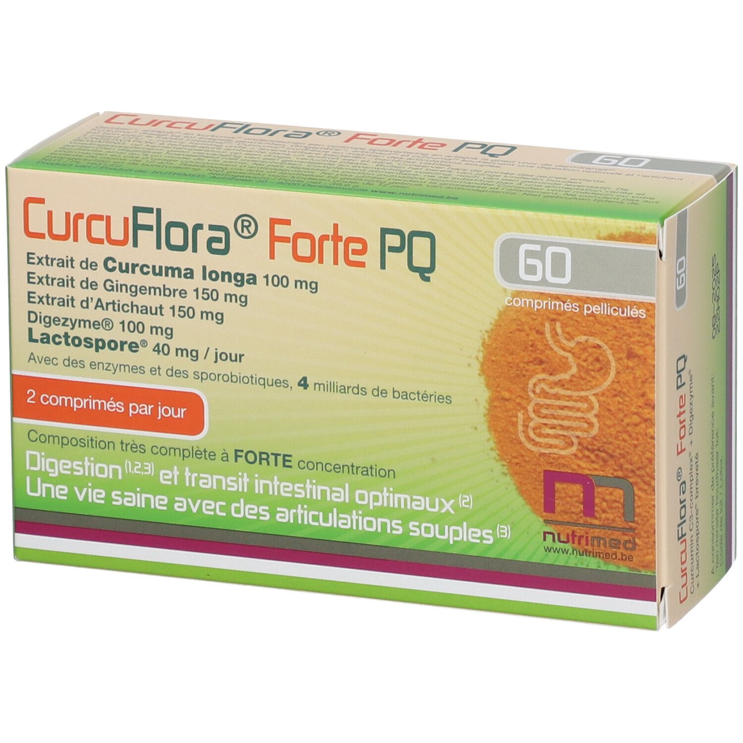 Schachtel mit NUTRIMED CurcuFlora® Forte PQ. Enthält 60 Tabletten. Aufschrift: Curcuma longa, Ingwer, Artischocke, Digezyme, Lactospore.
