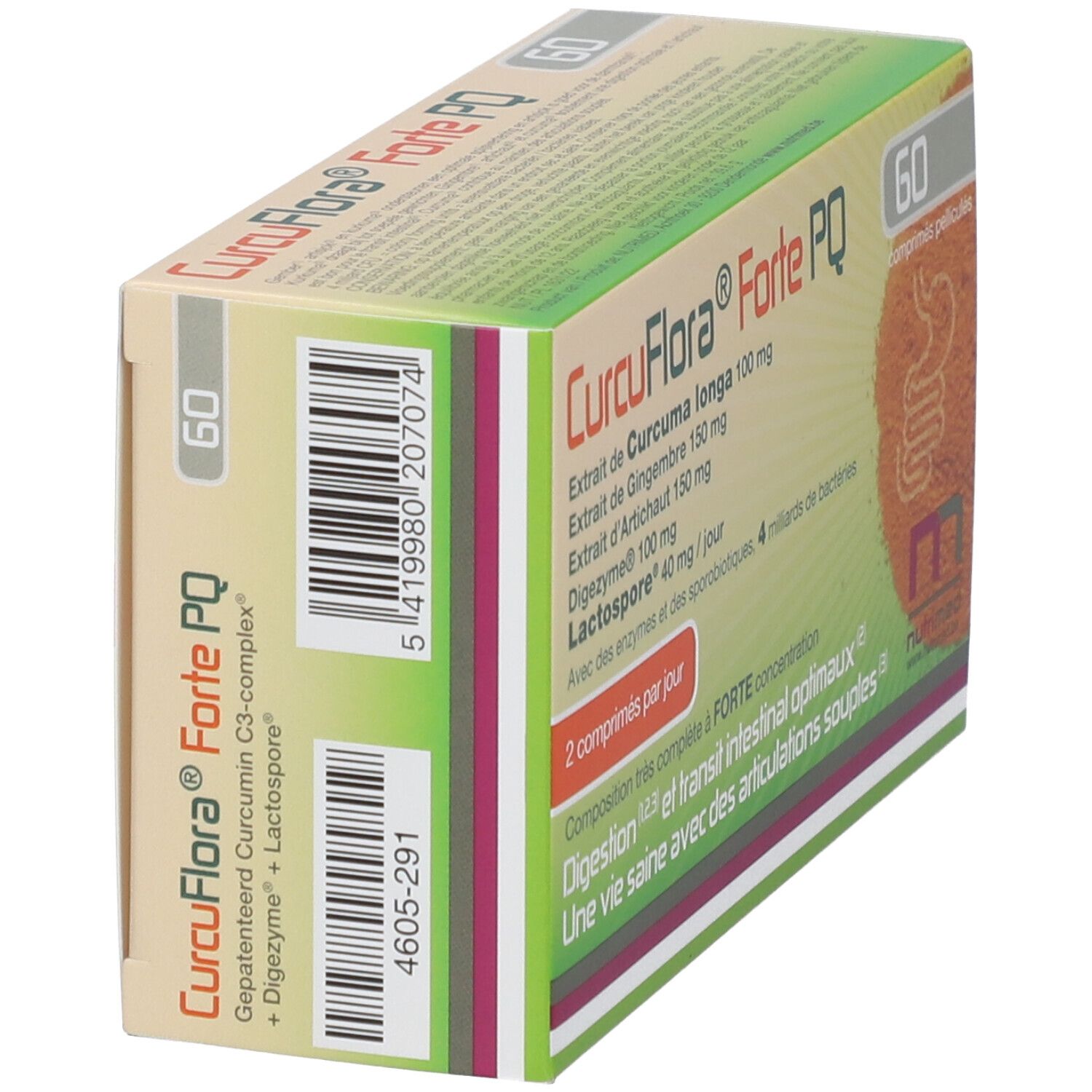 Schachtel NUTRIMED CurcuFlora® Forte PQ. Rückseite mit Inhaltsstoffen und Barcode. Enthält 60 Tabletten. Aufschrift: Curcuma longa, Ingwer, Artischocke.