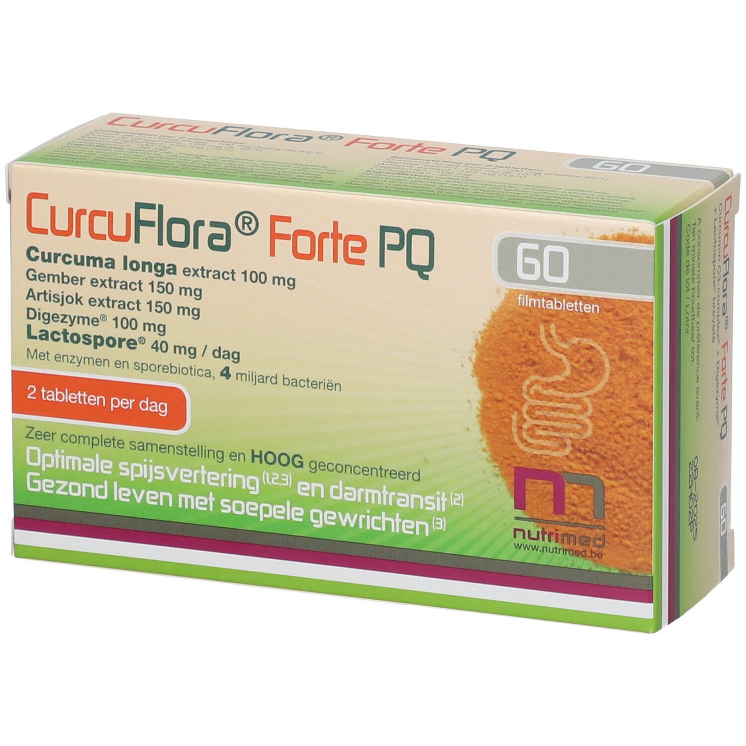 Schachtel mit NUTRIMED CurcuFlora® Forte PQ. Enthält 60 Tabletten. Aufschrift: Curcuma longa, Ingwer, Artischocke, Digezyme, Lactospore.