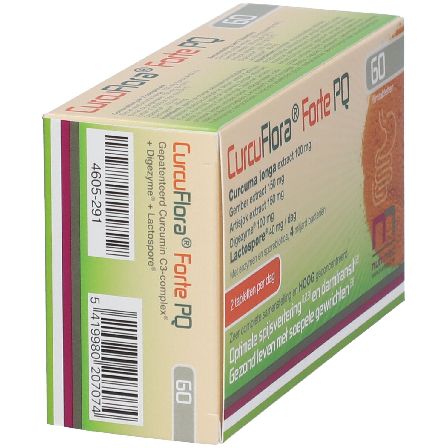 Schachtel NUTRIMED CurcuFlora® Forte PQ. Rückseite mit Inhaltsstoffen und Barcode. Enthält 60 Tabletten. Aufschrift: Curcuma longa, Ingwer, Artischocke.
