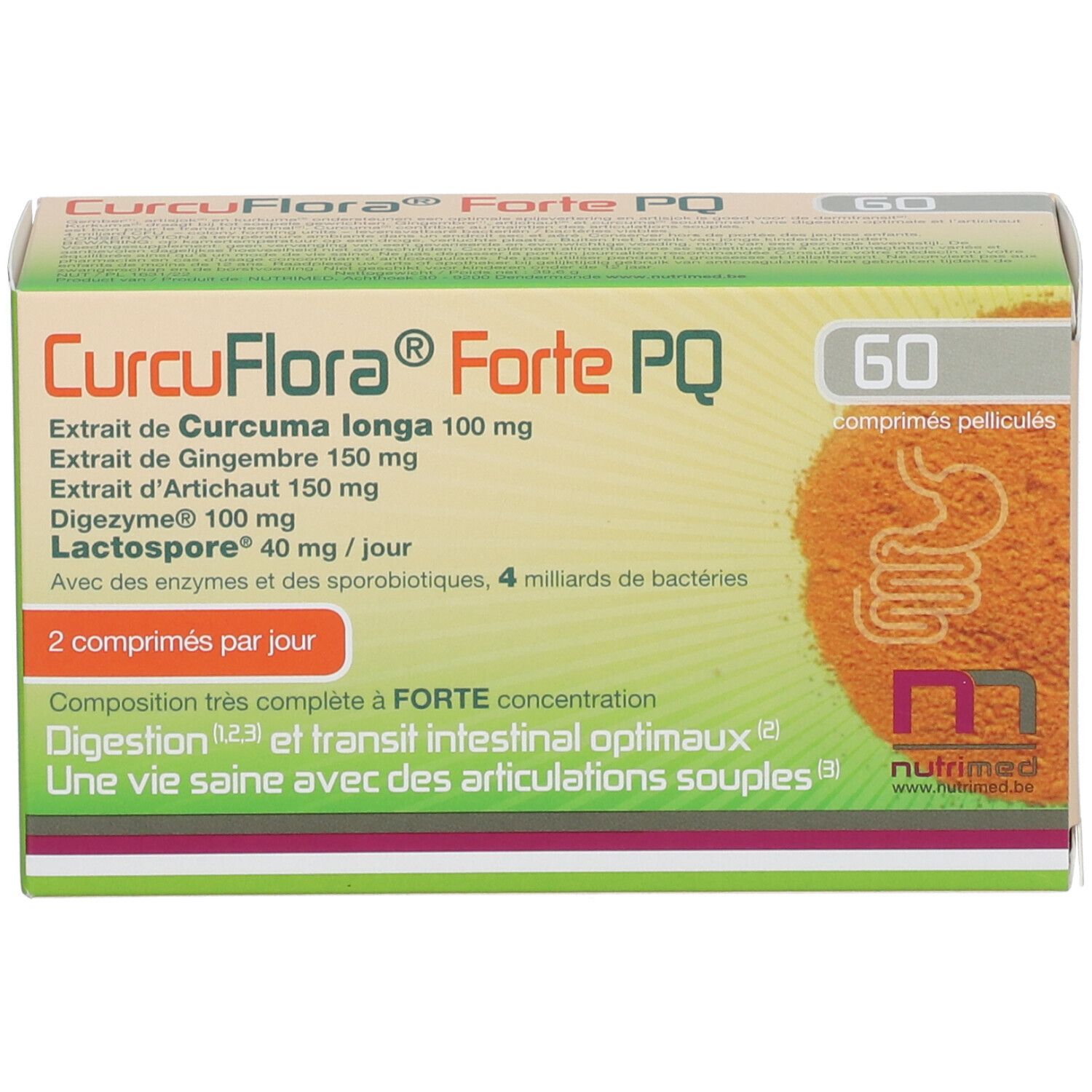 Schachtel mit NUTRIMED CurcuFlora® Forte PQ. Enthält 60 Tabletten. Aufschrift: Curcuma longa, Ingwer, Artischocke, Digezyme, Lactospore.