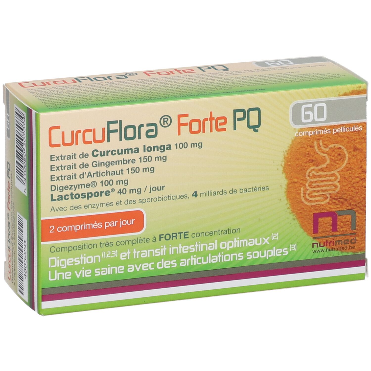 Schachtel mit NUTRIMED CurcuFlora® Forte PQ. Enthält 60 Tabletten. Aufschrift: Curcuma longa, Ingwer, Artischocke, Digezyme, Lactospore.