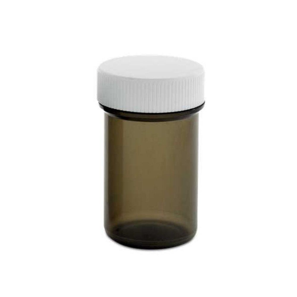 Flacon cylindrique brun avec bouchon à vis blanc.