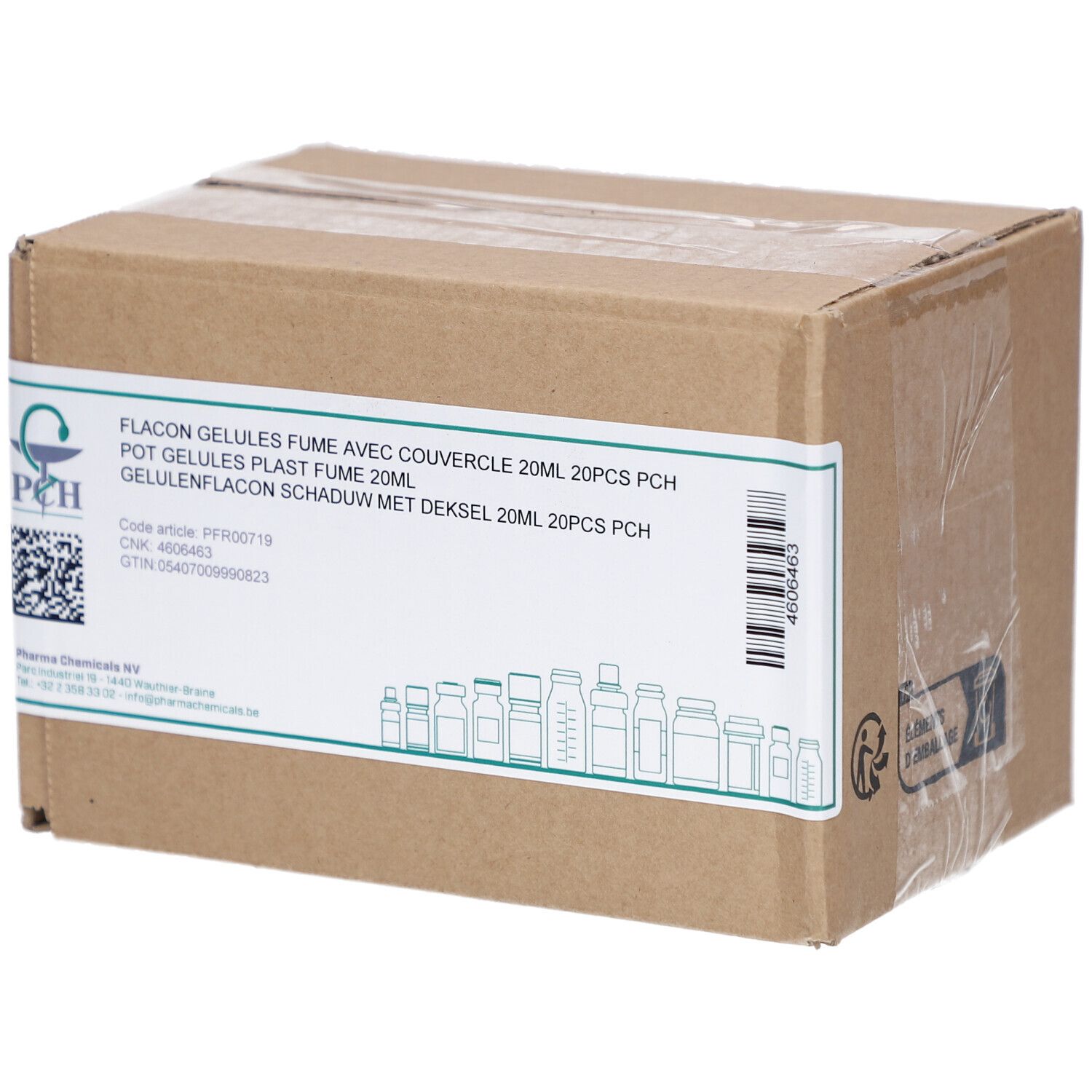 Kartonverpackung mit Aufkleber. Text: Flacon Gélules Fumé avec Couvercle 20ml. Pharma Chemicals Logo. Code, CNK, GTIN.