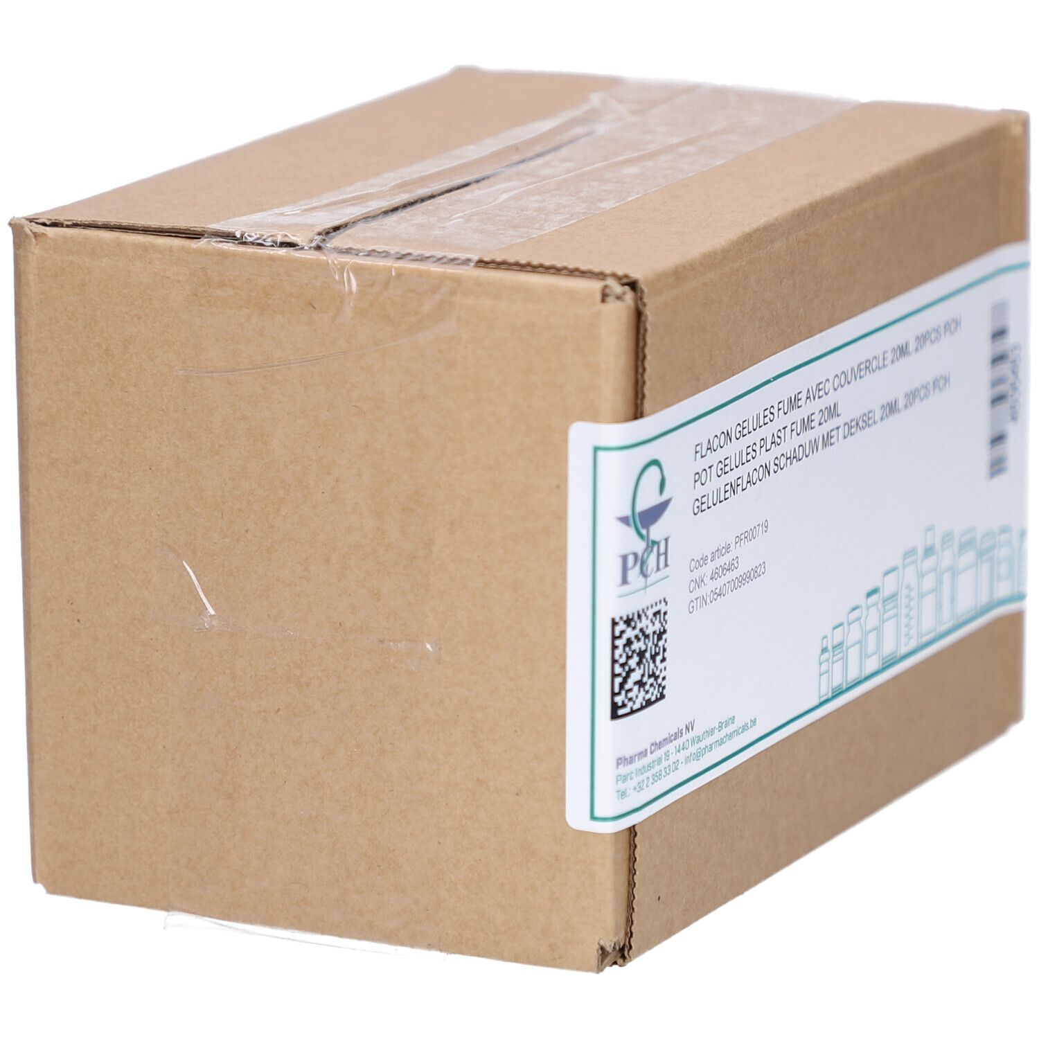 Kartonverpackung mit Aufkleber. Pharma Chemicals Logo. Text: Flacon Gélules Fumé avec Couvercle 20ml. Code, CNK, GTIN.