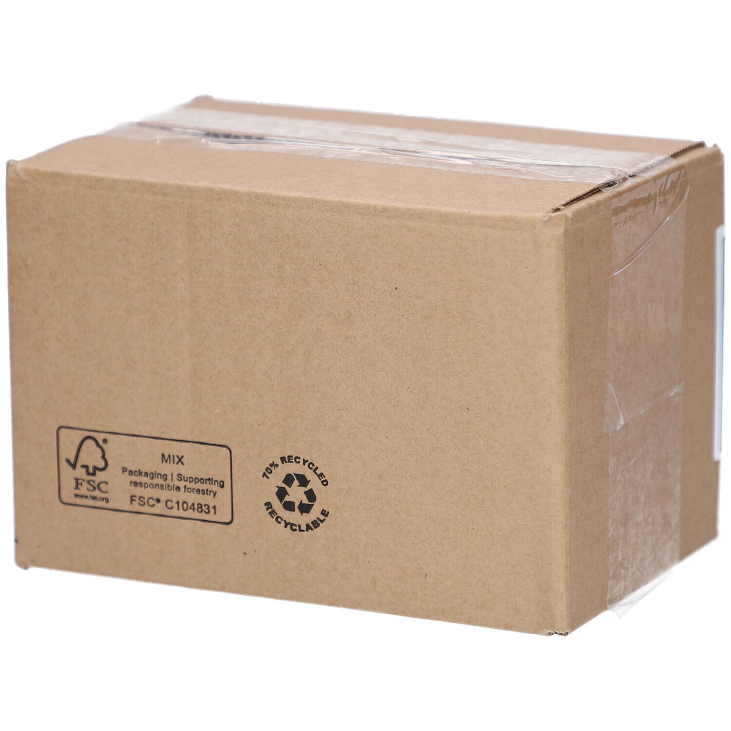 Kartonverpackung mit FSC-Logo und Recycling-Symbol. Aufschrift: 75% Recycled.