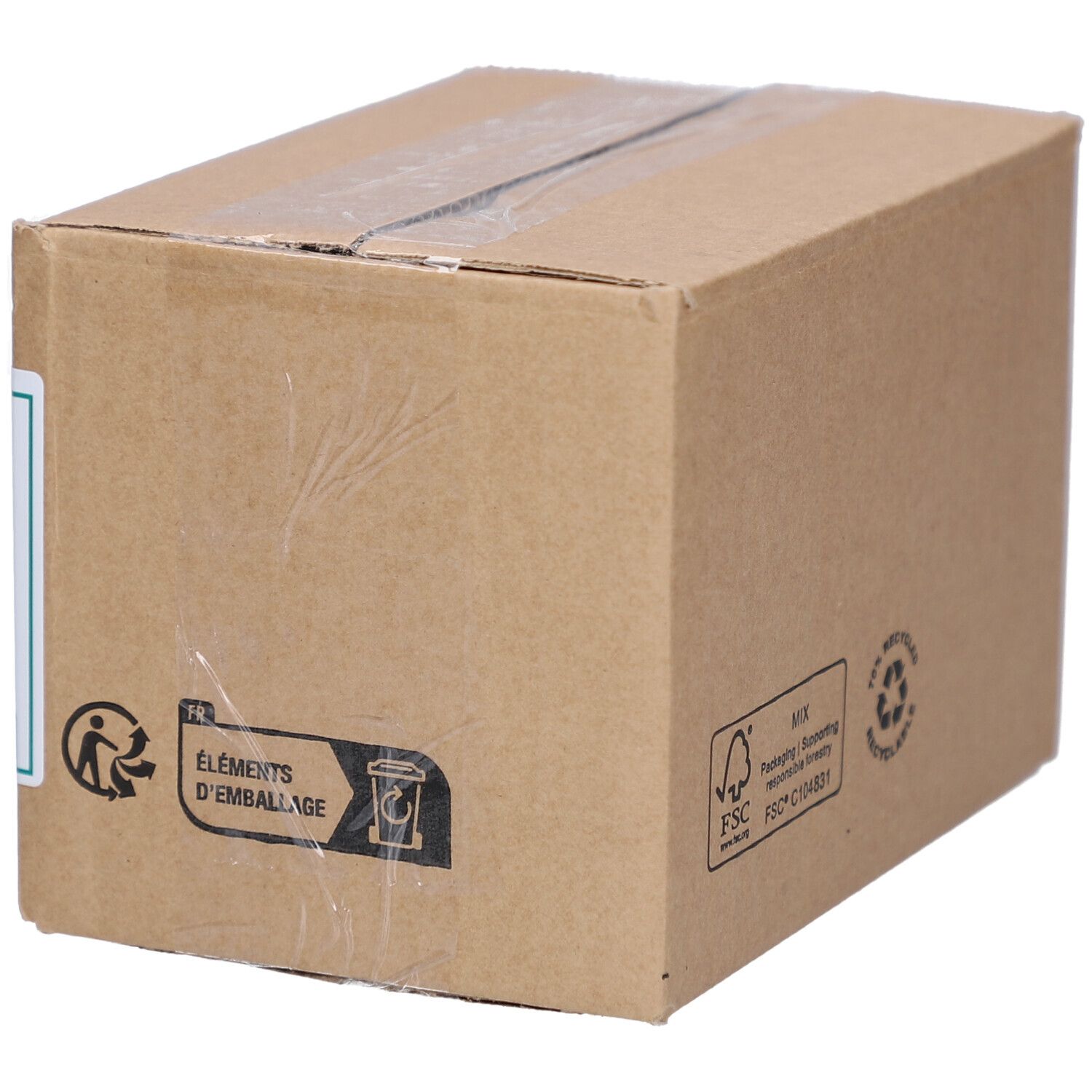 Kartonverpackung mit Recycling-Symbol und FSC-Logo. Abfallbehälter-Symbol.