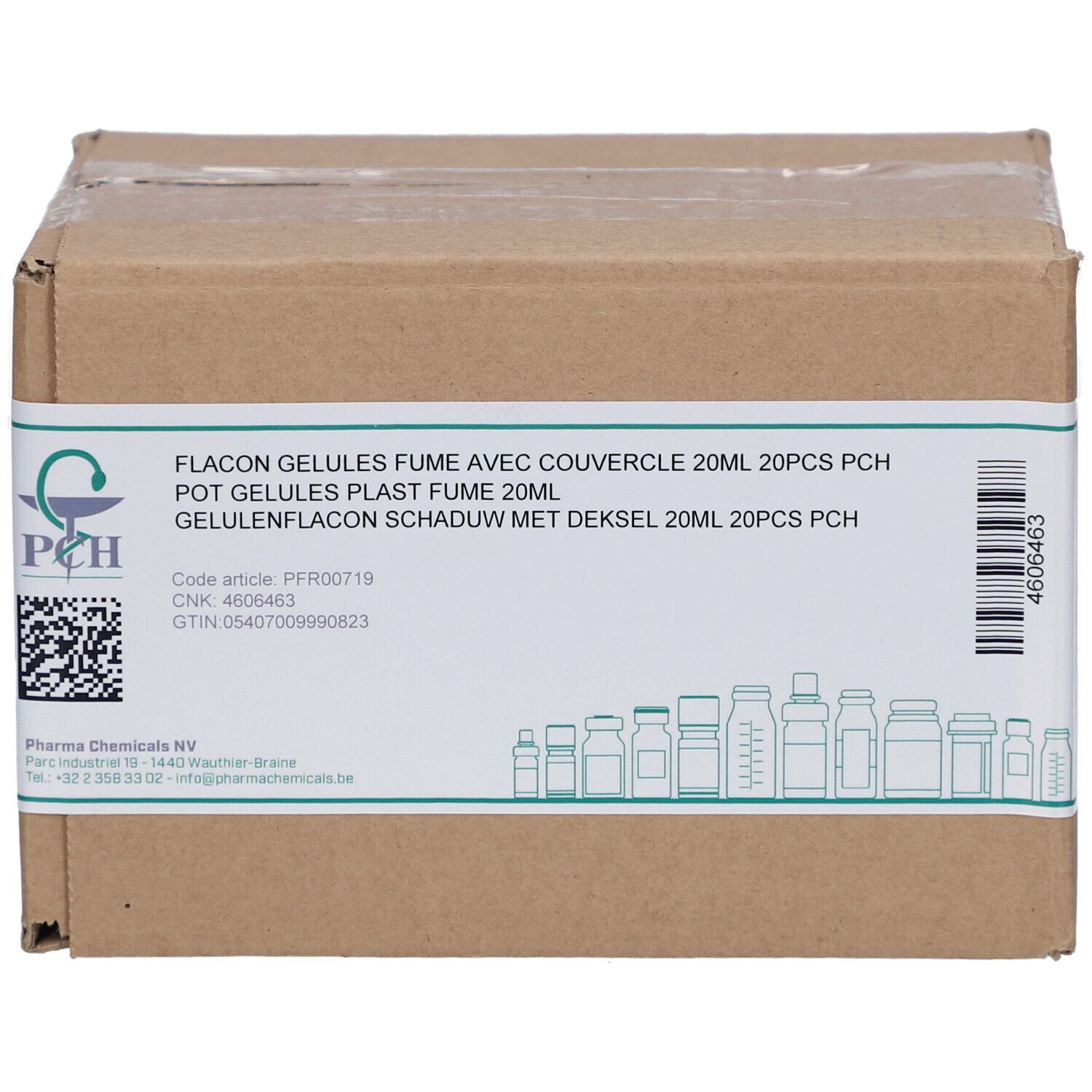 Kartonverpackung mit Aufkleber. Text: Flacon Gélules Fumé avec Couvercle 20ml. Pharma Chemicals Logo. Code, CNK, GTIN.