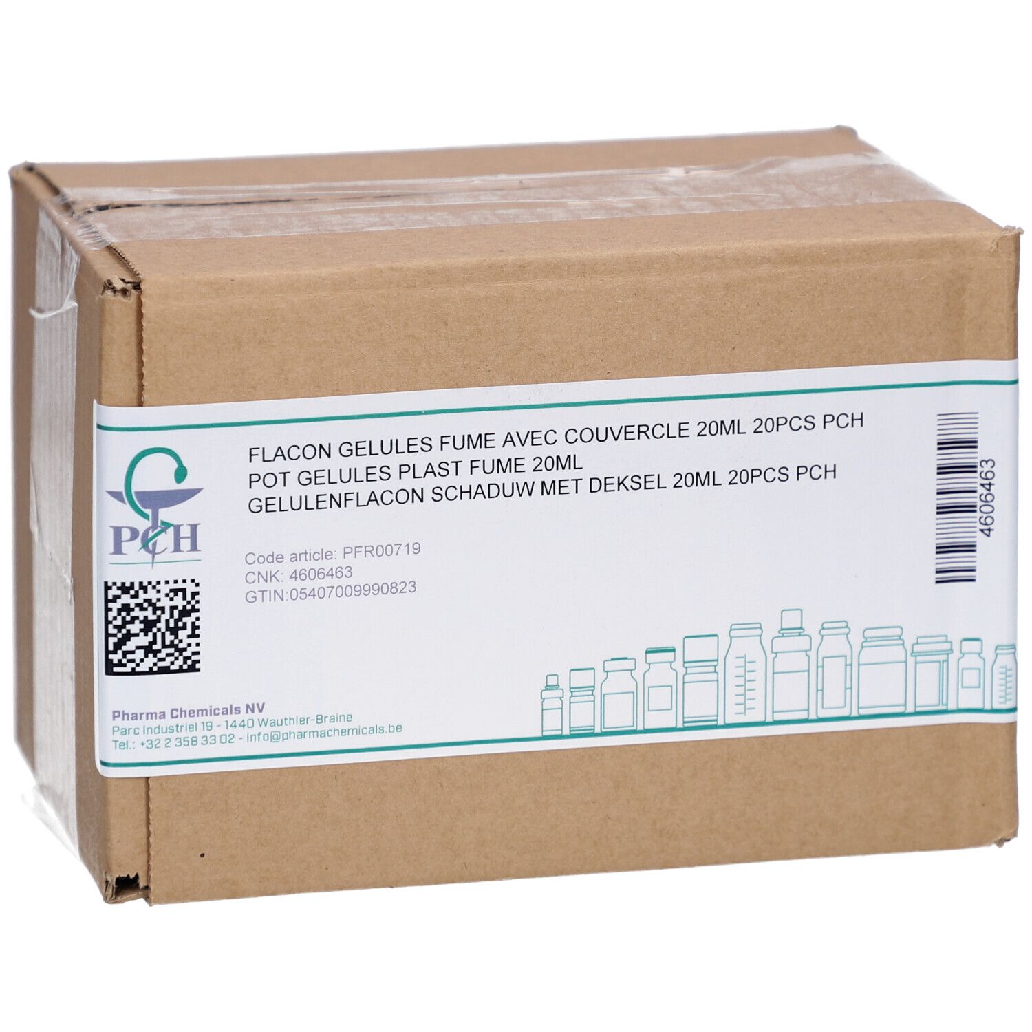 Kartonverpackung mit Aufkleber. Pharma Chemicals Logo. Text: Flacon Gélules Fumé avec Couvercle 20ml. Code, CNK, GTIN.