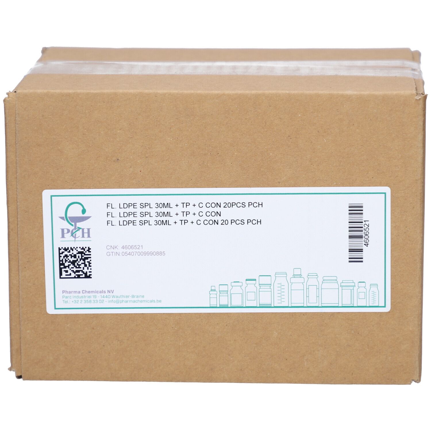 Karton mit Produktetikett. Etikett mit Produktbezeichnung, QR-Code und Barcode. Pharma Chemicals Logo.