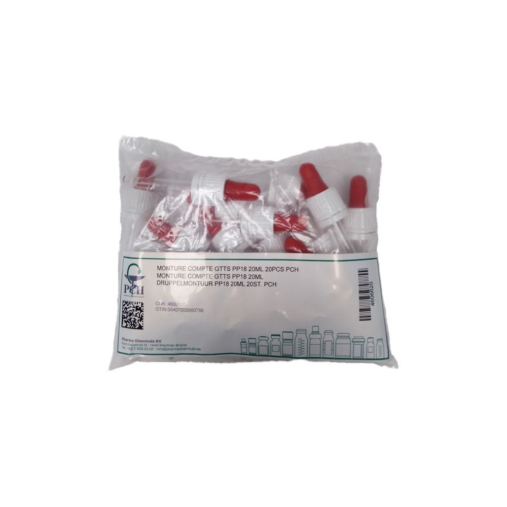 Verpackung mit Tropfenzählern. Rote und weiße Tropfer in einer transparenten Plastiktüte. Text auf der Verpackung.