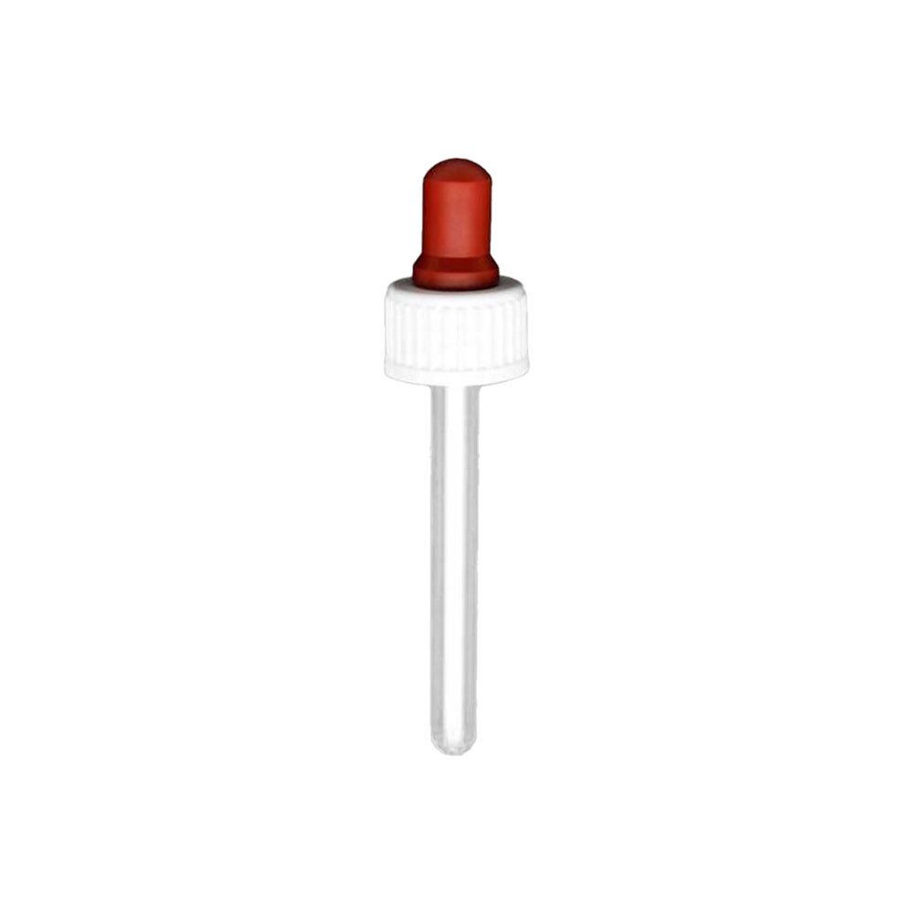 Compte-gouttes avec capuchon rouge, bouchon blanc et pipette transparente.