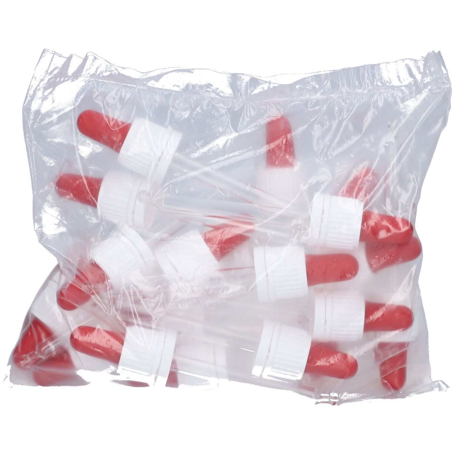 Beutel mit Tropfenzählern. Rote Gummikappen, weiße Verschlüsse und transparente Pipetten. Verpackung aus transparentem Kunststoff.