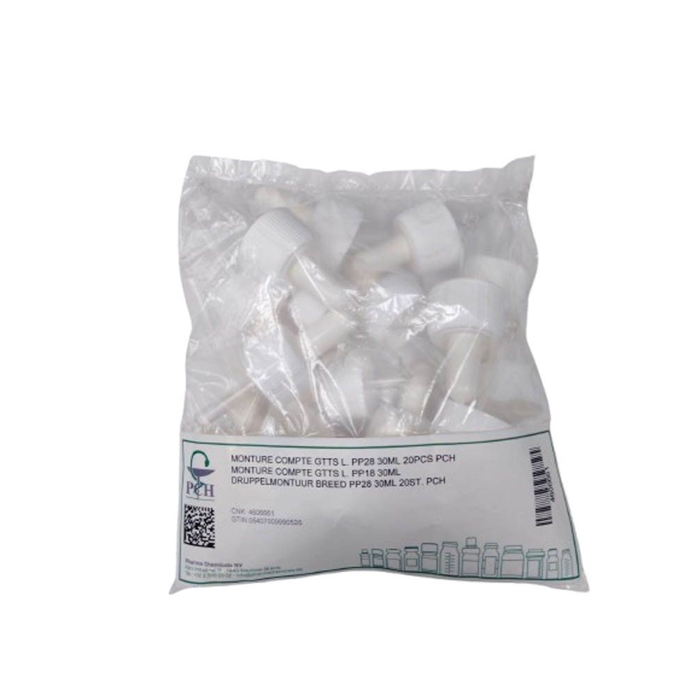 Beutel mit weißen Tropfaufsätzen. Aufschrift: Monture Compte Goutte L. PP28 30ml. PCH. Mit Barcode und PCH-Logo.