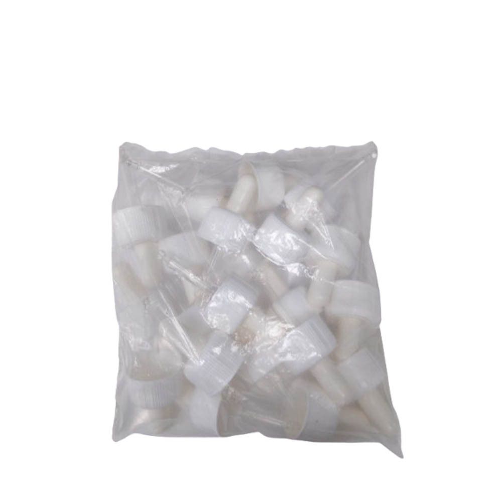 Beutel mit vielen weißen Tropfaufsätzen. Transparente Verpackung.