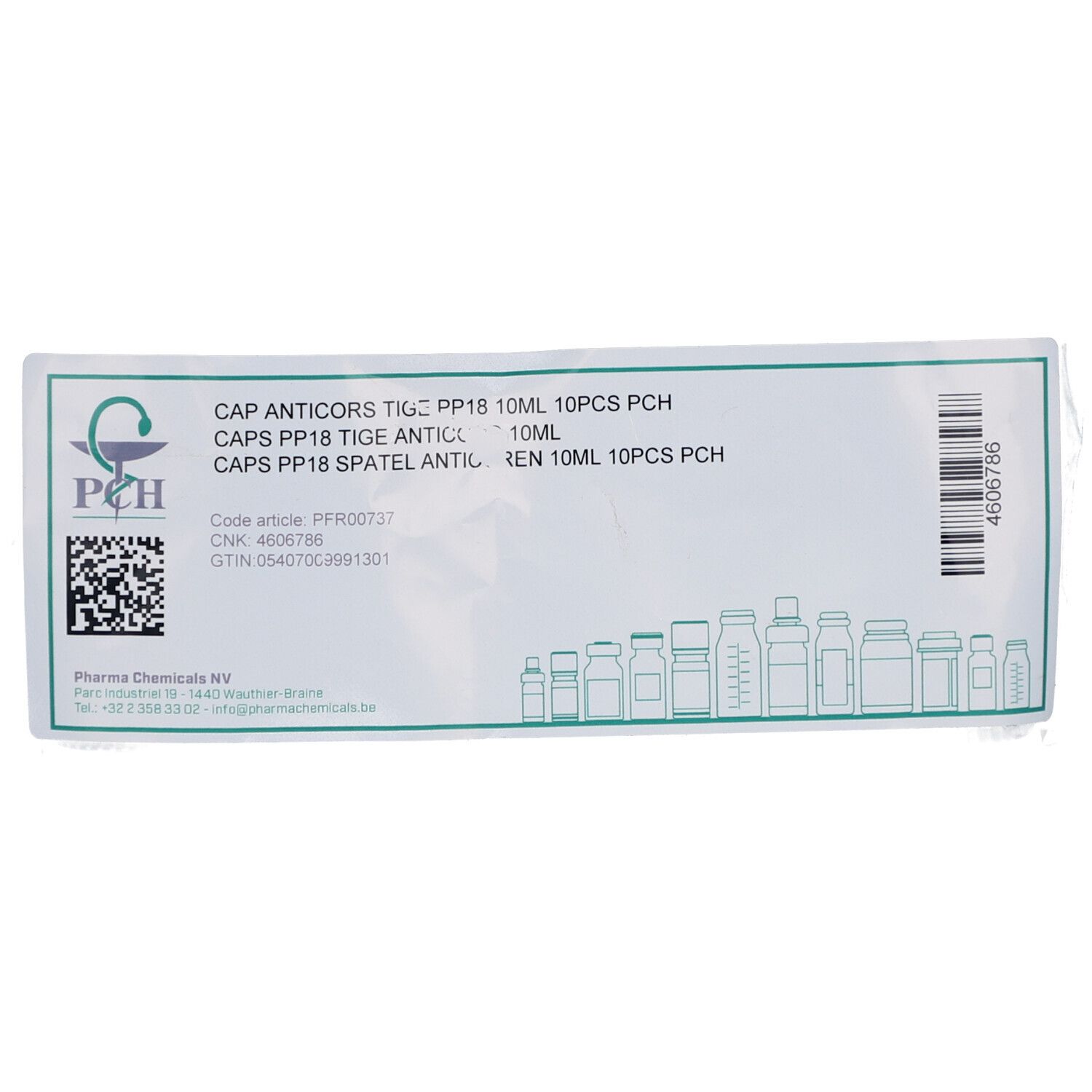 Verpackung mit Produktinformationen. Text: CAP ANTICORS TIGE PP18 10ML 10PCS PCH. Code, CNK, GTIN.