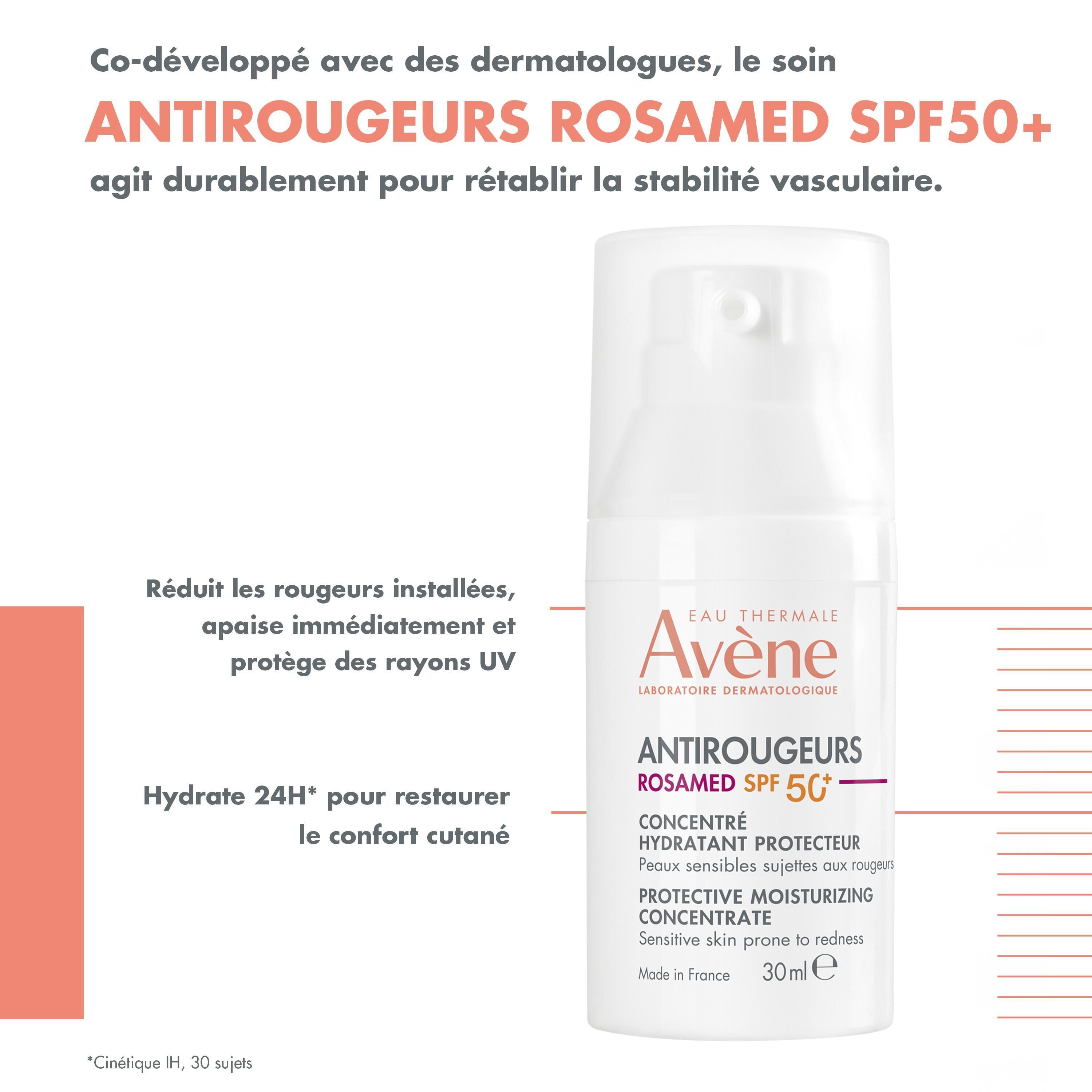 Flacon blanc avec pompe. Inscription: Avène, Antirougeurs Rosamed SPF 50+, Concentré hydratant.