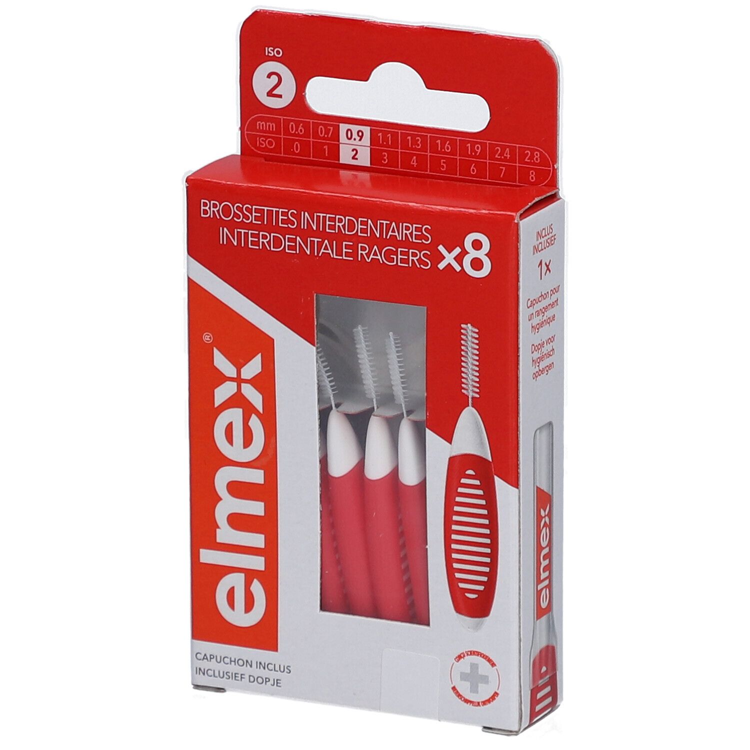 Elmex Interdentalbürsten, Größe 2, rot. Packung mit 8 Bürsten. Rote und weiße Griffe. ISO 2, 0,9 mm.