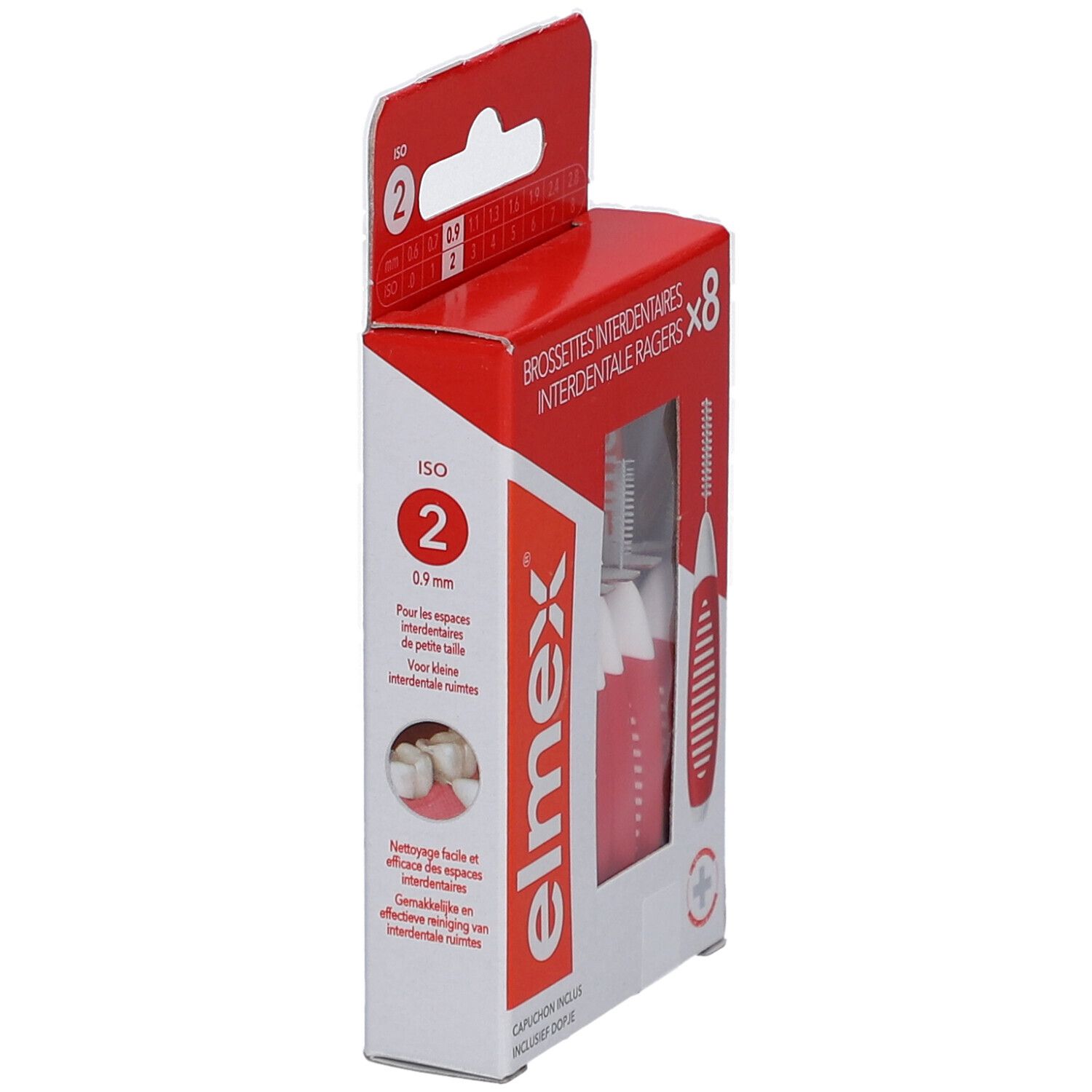 Elmex Interdentalbürsten, Größe 2, rot. Packung. Rote und weiße Griffe. ISO 2, 0,9 mm. Mit Schutzkappe.
