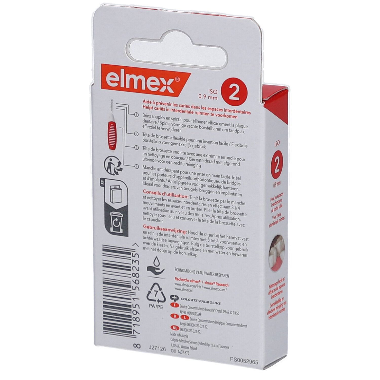 Rückseite der Elmex Interdentalbürsten-Verpackung. Informationen zu Anwendung und Inhaltsstoffen. ISO 2, 0,9 mm.