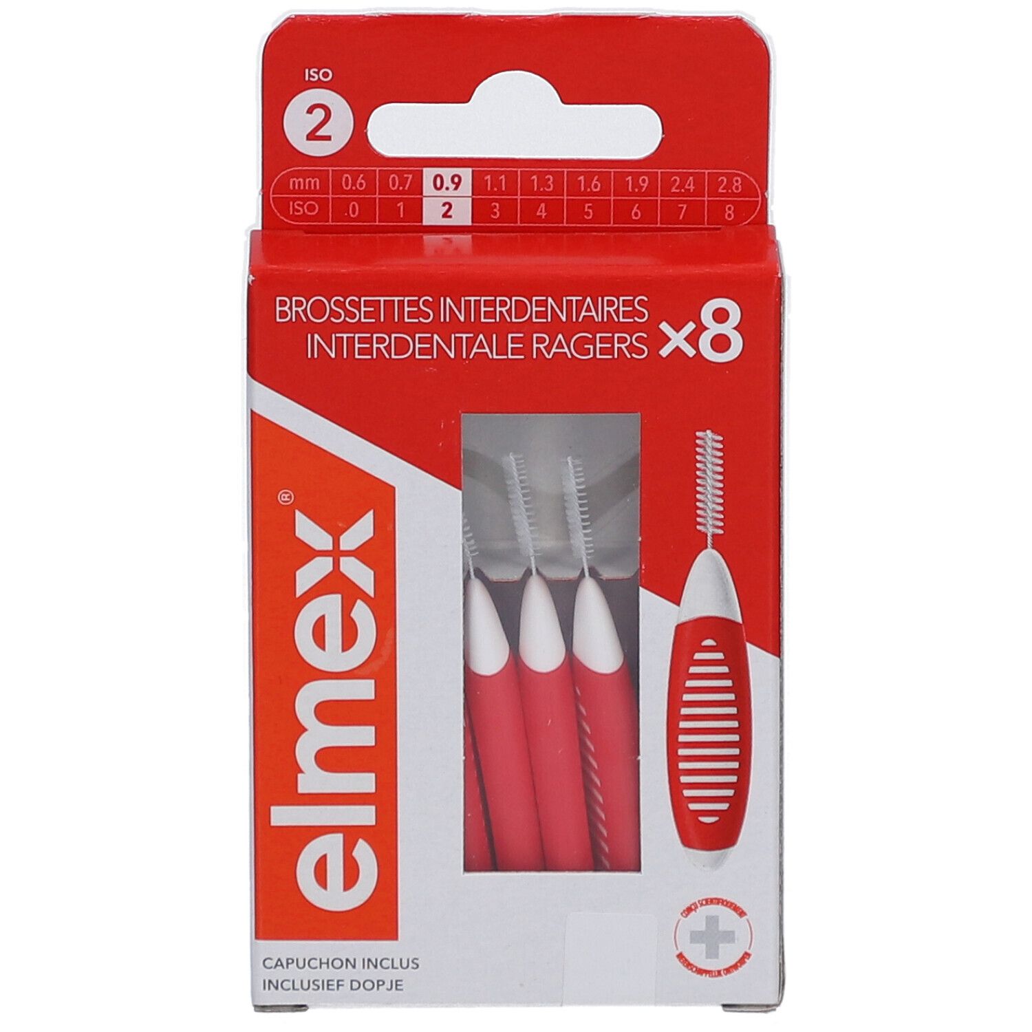 Elmex Interdentalbürsten, Größe 2, rot. Packung mit 8 Bürsten. Rote und weiße Griffe. ISO 2, 0,9 mm.