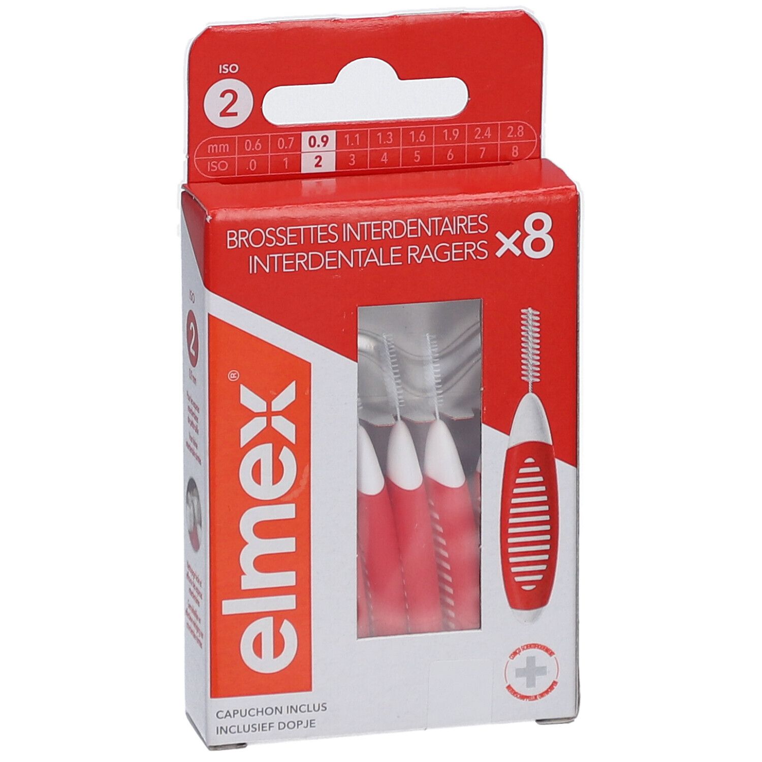 Elmex Interdentalbürsten, Größe 2, rot. Packung mit 8 Bürsten. Rote und weiße Griffe. ISO 2, 0,9 mm.