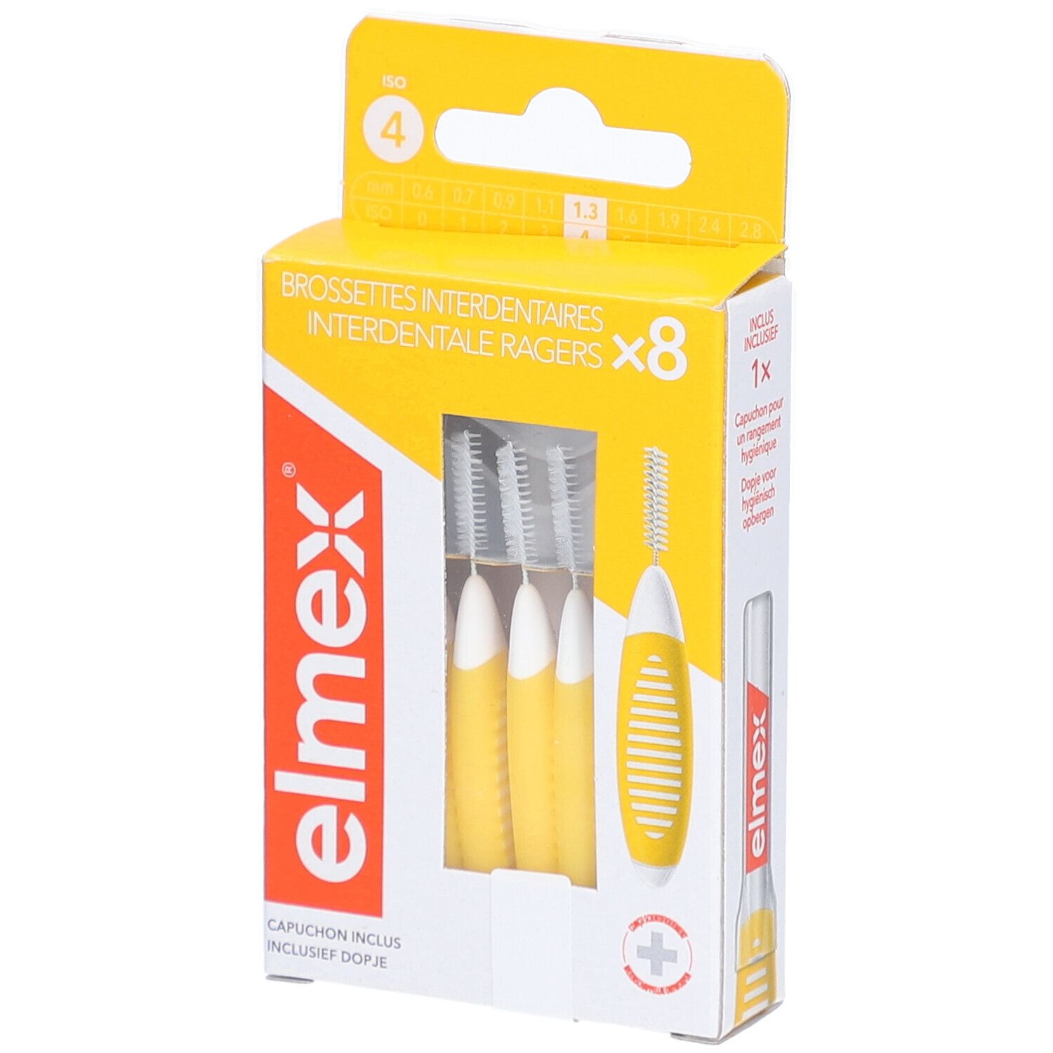 Elmex Interdentalbürsten-Set, gelb. Packung mit 8 Bürsten. ISO 4, 1,3 mm. Mit Schutzkappe.