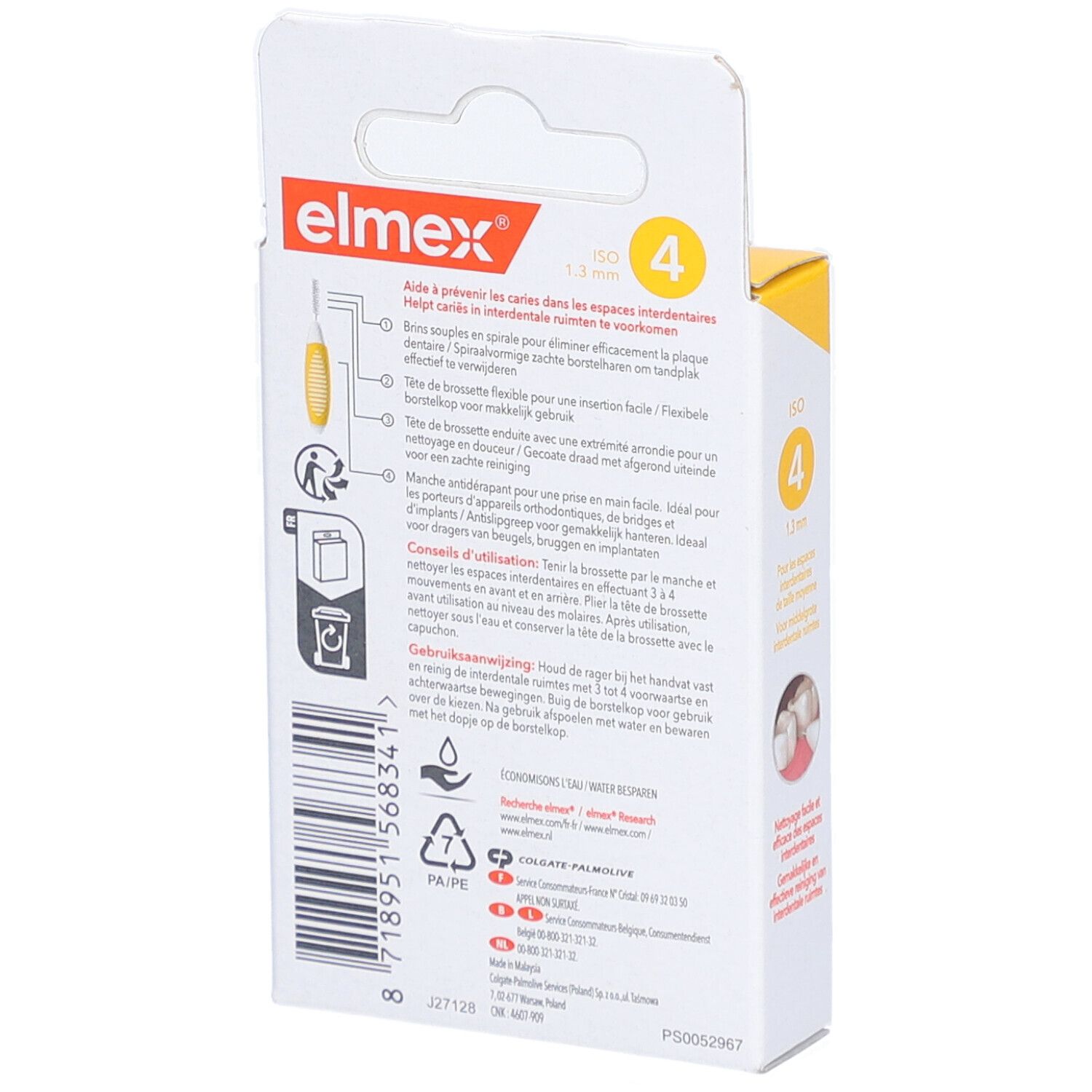 Rückseite der Elmex Interdentalbürsten-Set-Verpackung. Informationen zur Anwendung und Inhaltsstoffe.