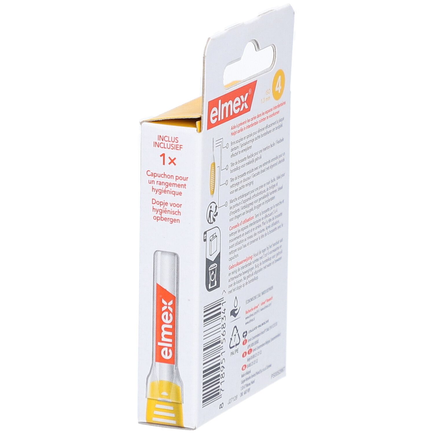 Elmex Interdentalbürsten-Set, gelb. Schutzkappe. Informationen zur Anwendung.