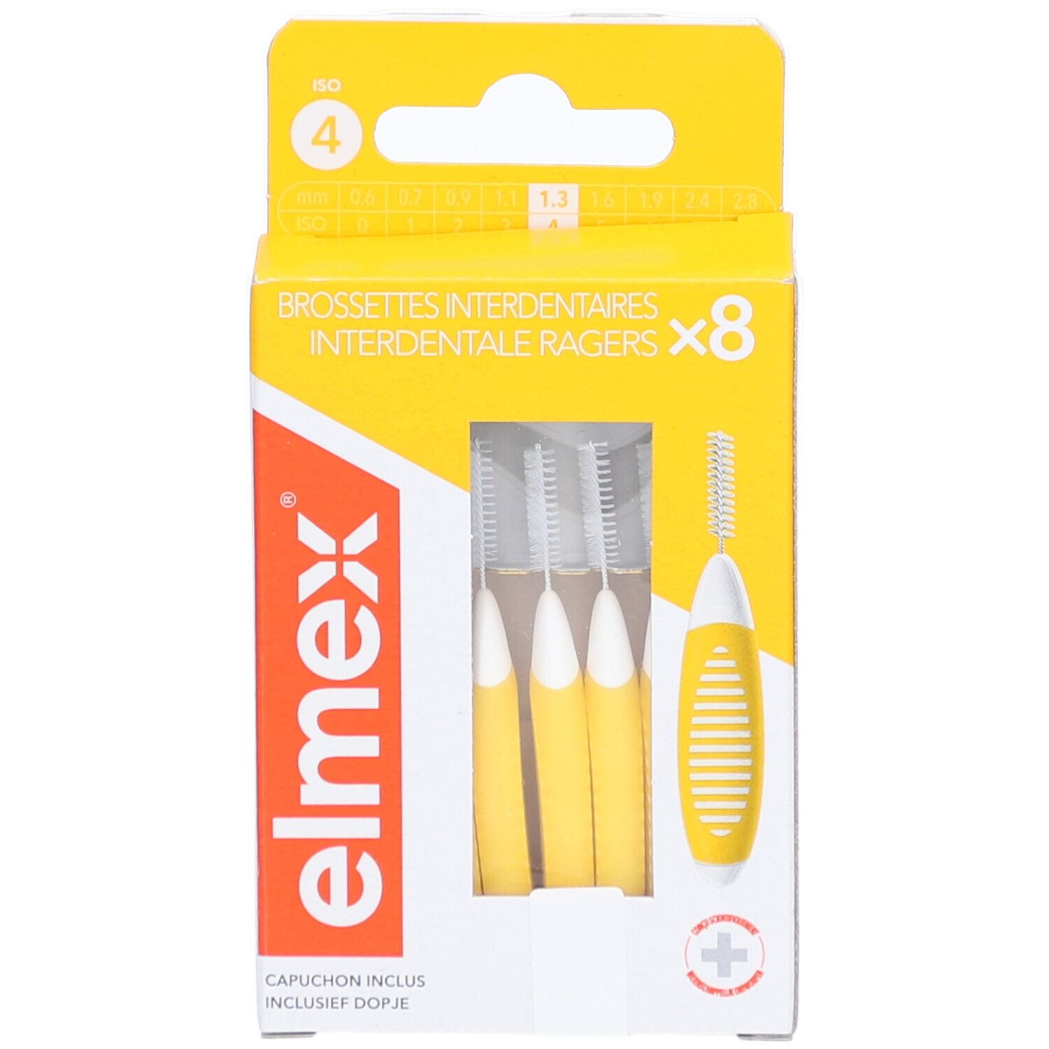 Elmex Interdentalbürsten-Set, gelb. Packung mit 8 Bürsten. ISO 4, 1,3 mm. Mit Schutzkappe.
