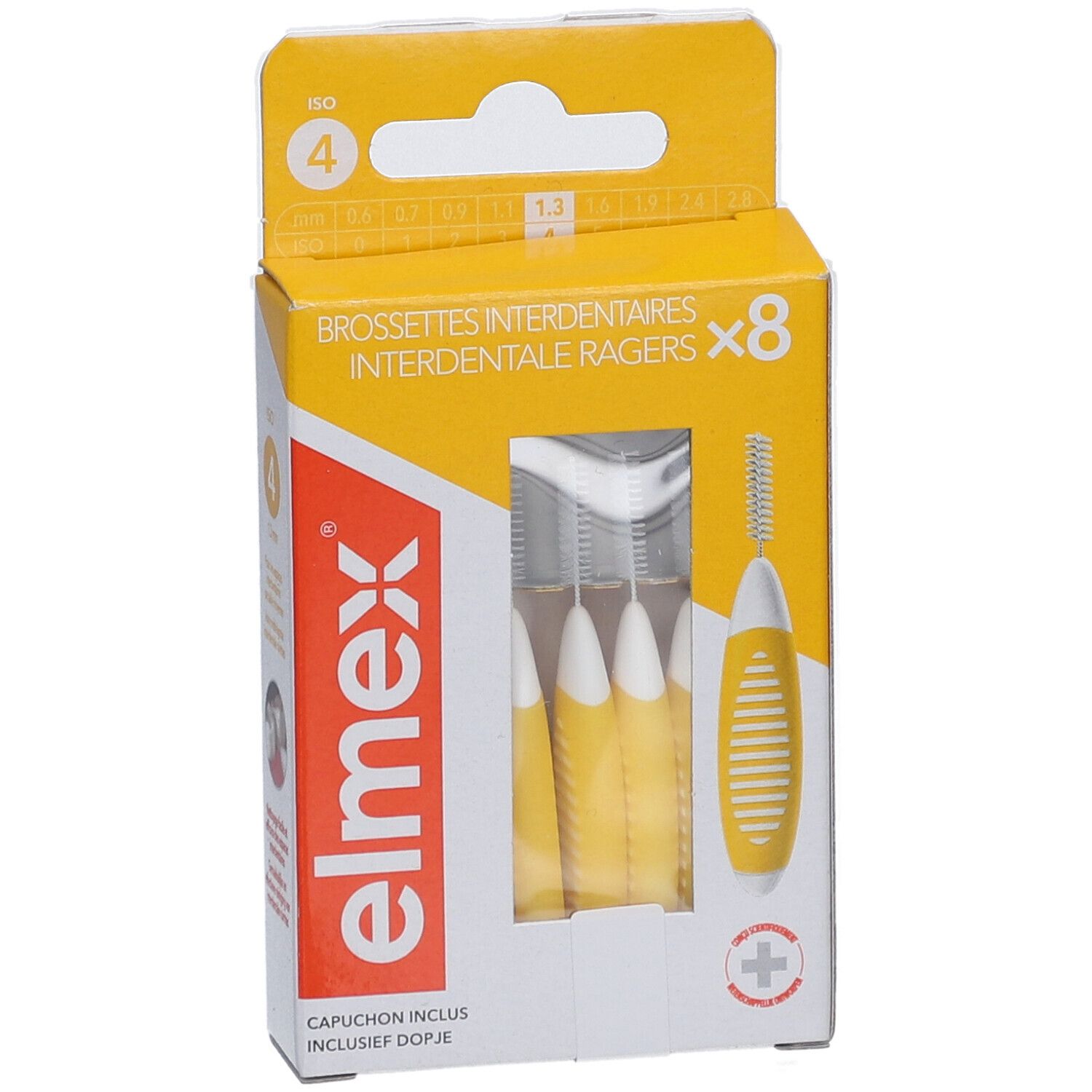 Elmex Interdentalbürsten-Set, gelb. Packung mit 8 Bürsten. ISO 4, 1,3 mm. Mit Schutzkappe.