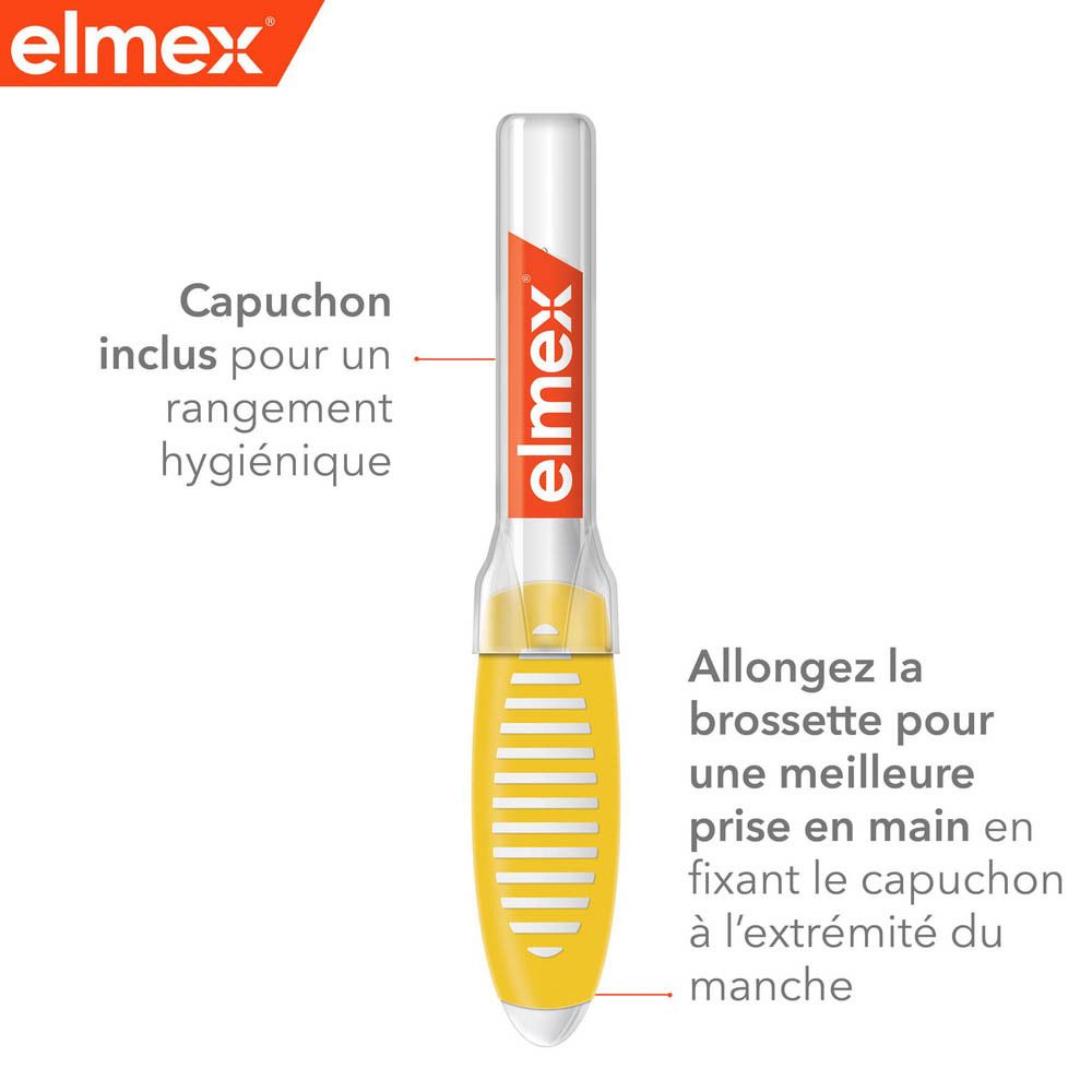 Elmex, illustration. Tête flexible. Manche ergonomique. Brins souples en spirale.