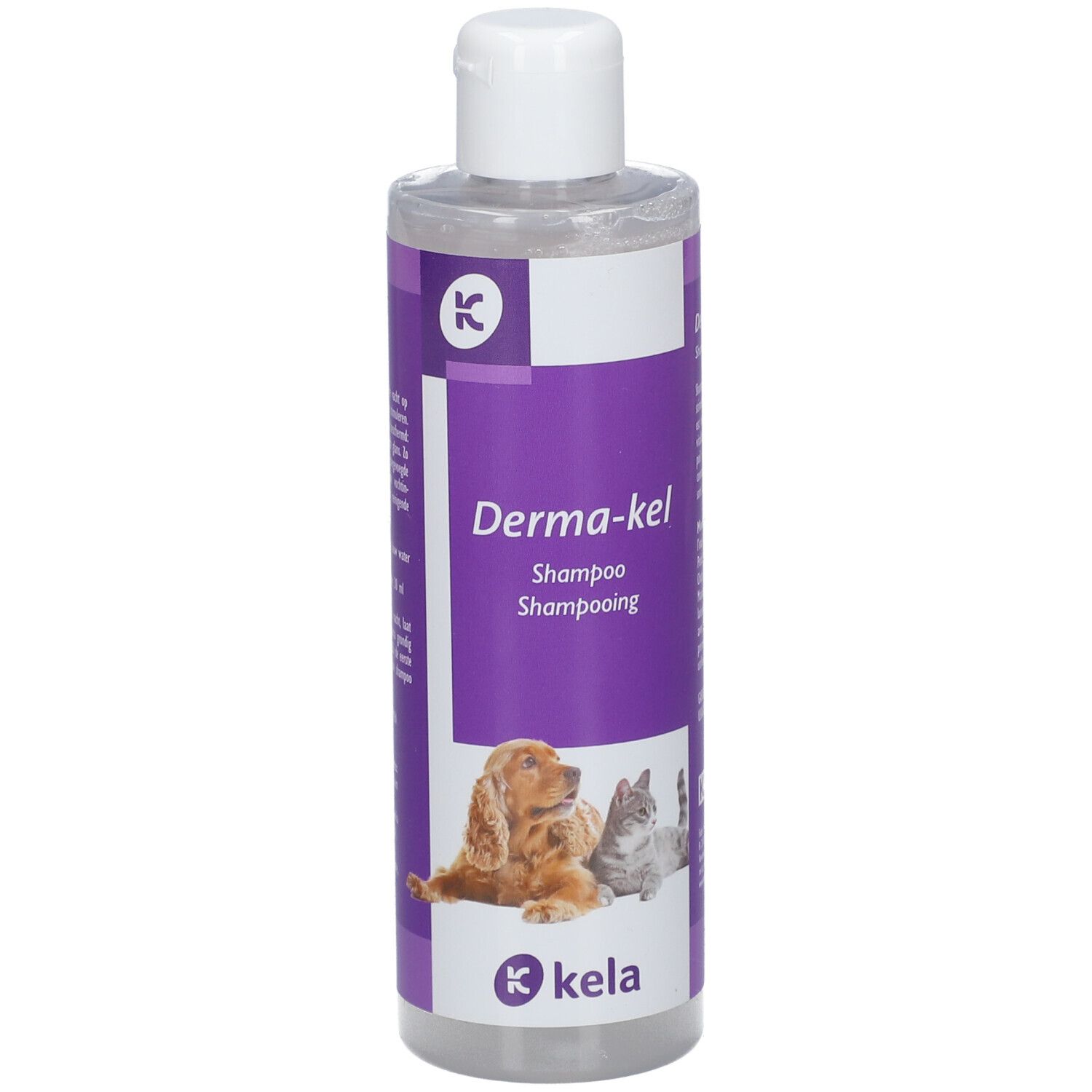 Kela Derma-kel Shampooing Flasche. Vorderseite mit Produktnamen und Logos. Hunde- und Katzenabbildung.