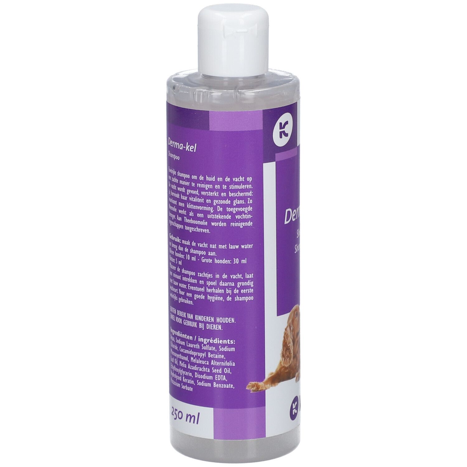 Kela Derma-kel Shampooing Flasche. Rückseite mit Text in mehreren Sprachen. Hundeabbildung. 250 ml.