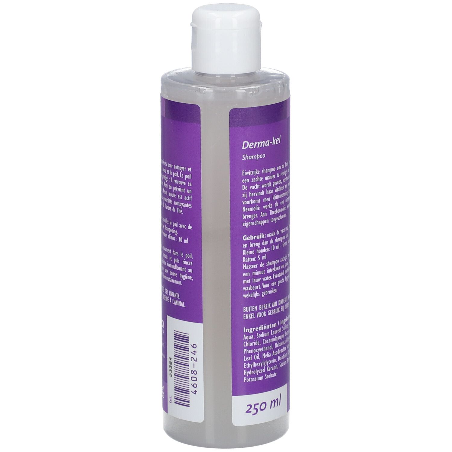Kela Derma-kel Shampooing Flasche. Rückseite mit Text in mehreren Sprachen. 250 ml. Barcode.