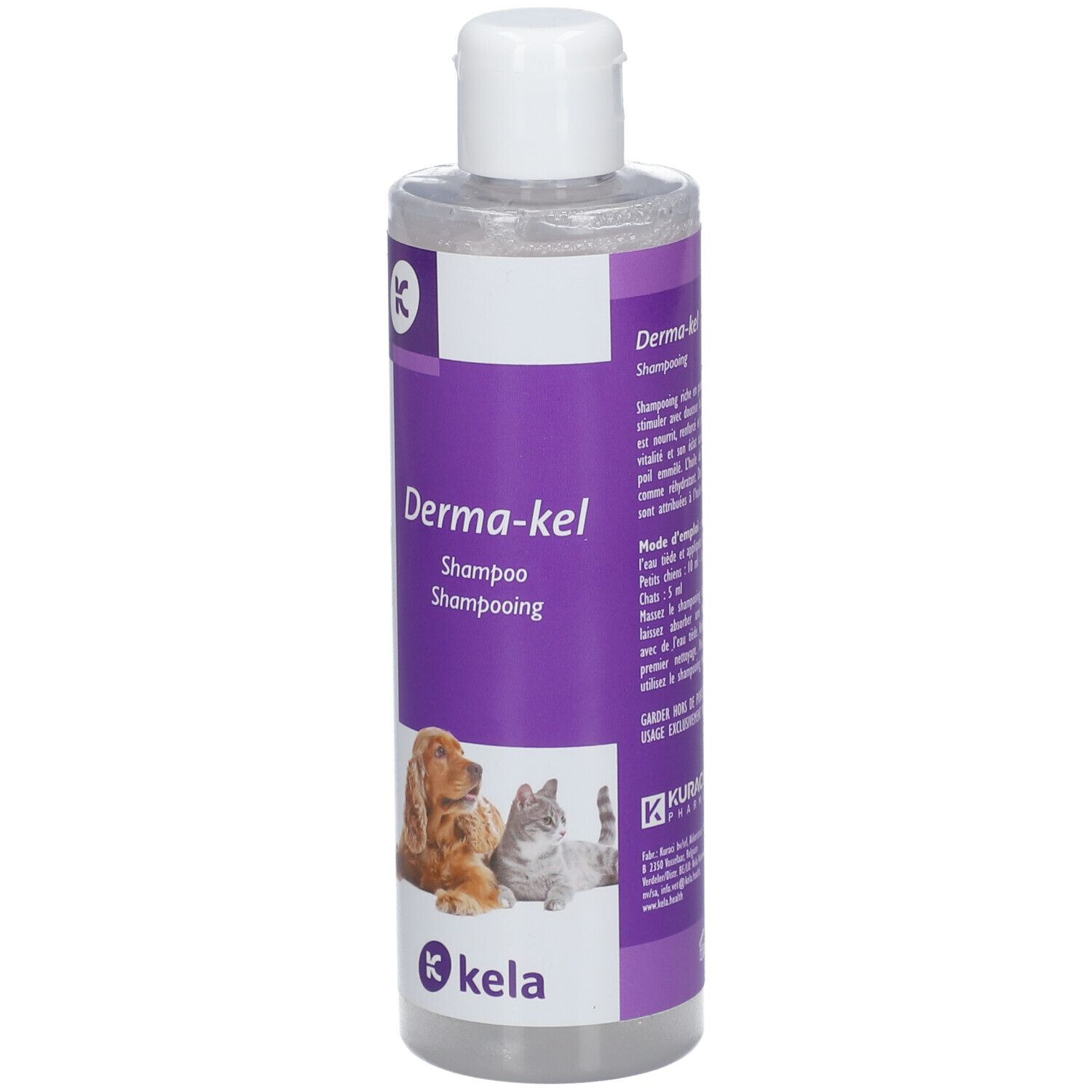 Kela Derma-kel Shampooing Flasche. Vorderseite mit Produktnamen und Logos. Hunde- und Katzenabbildung.